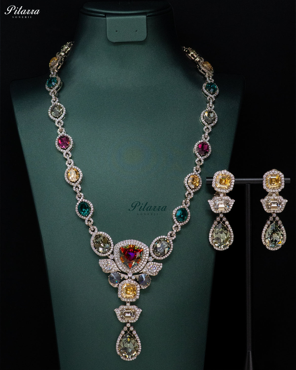Ruby Multicolor Crystal Pendant Necklace Set