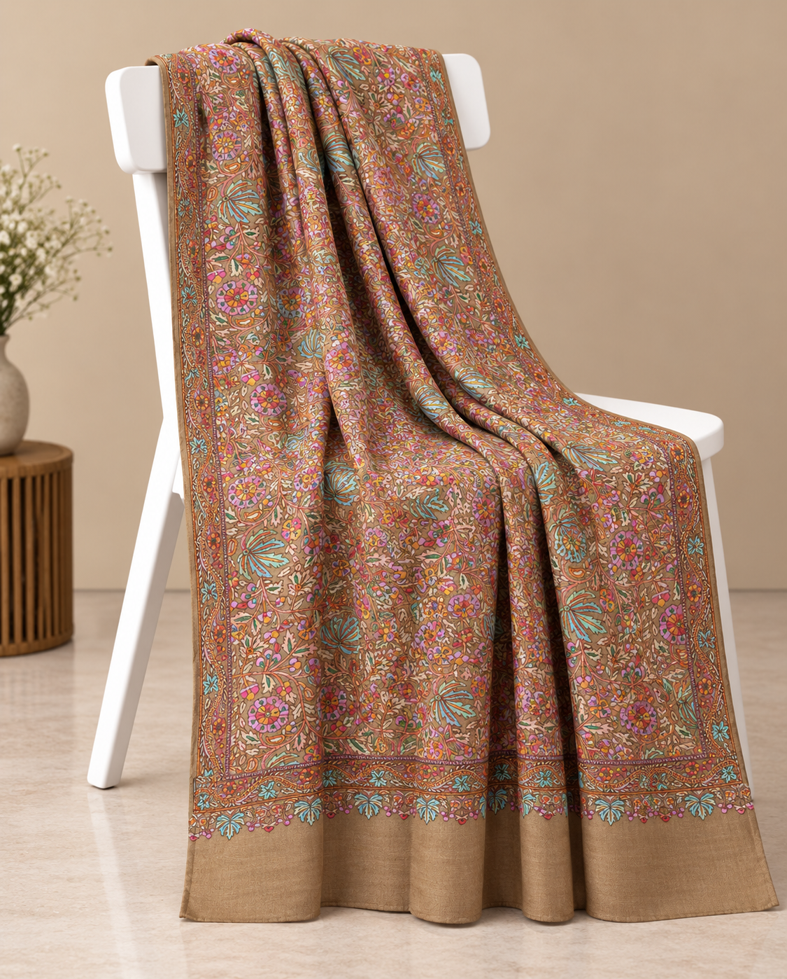 Ivory Pashmina Shawl with Multicolor Floral Pattern and Decorative Border