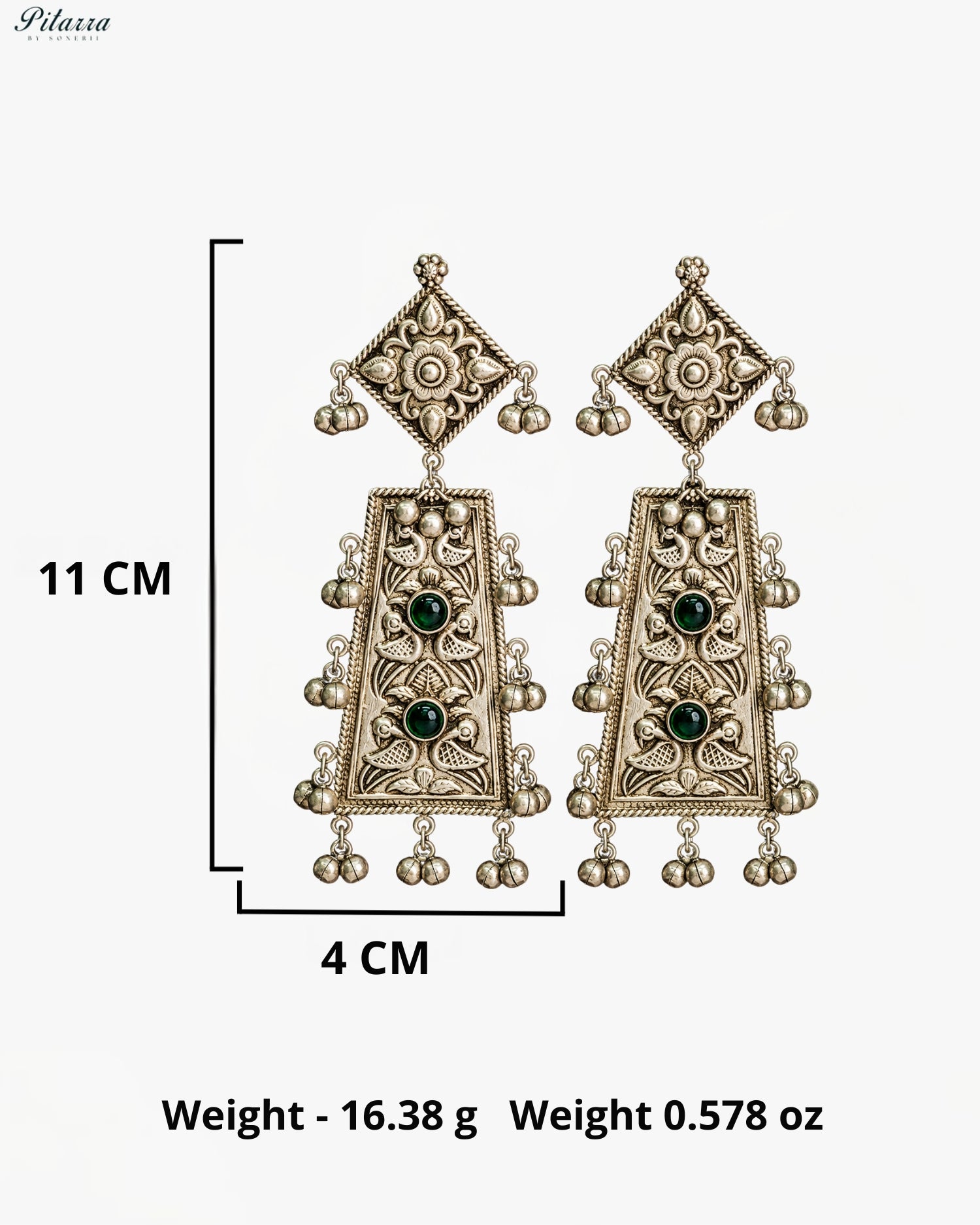 Green Stone Silver Look-Alike Floral Panel Statement Earrings