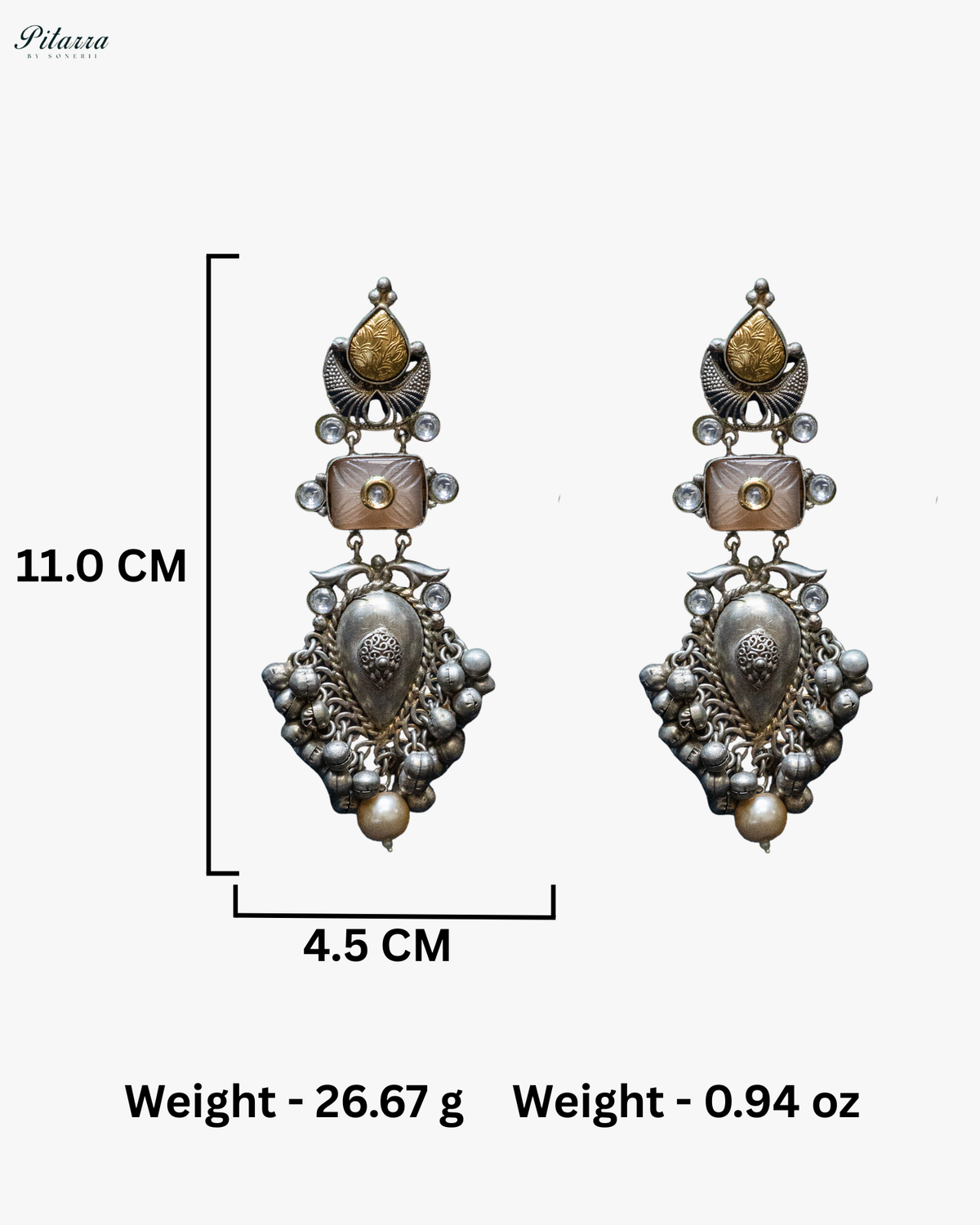 Antique Design Peach Stone Silver Look Alike Dangle Earrings