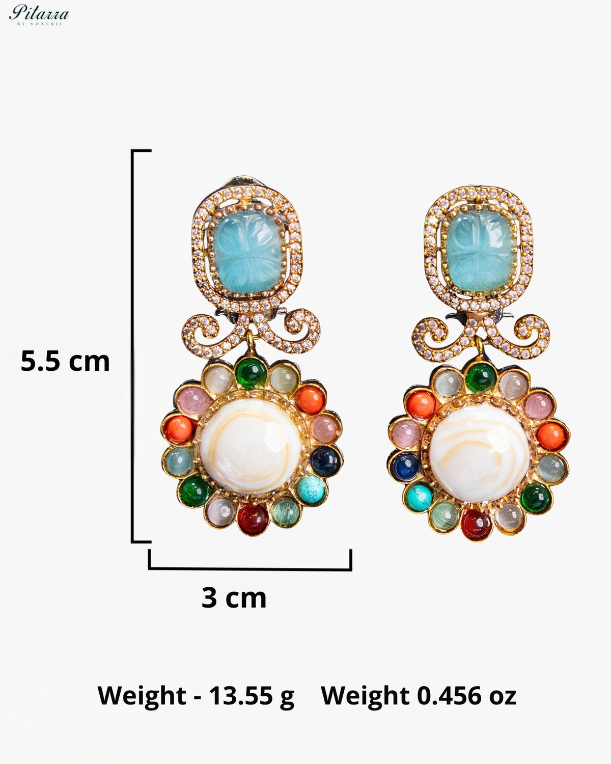 Aqua Blue Multicolor Kundan Style Gold Tone Traditional Dangler Earrings