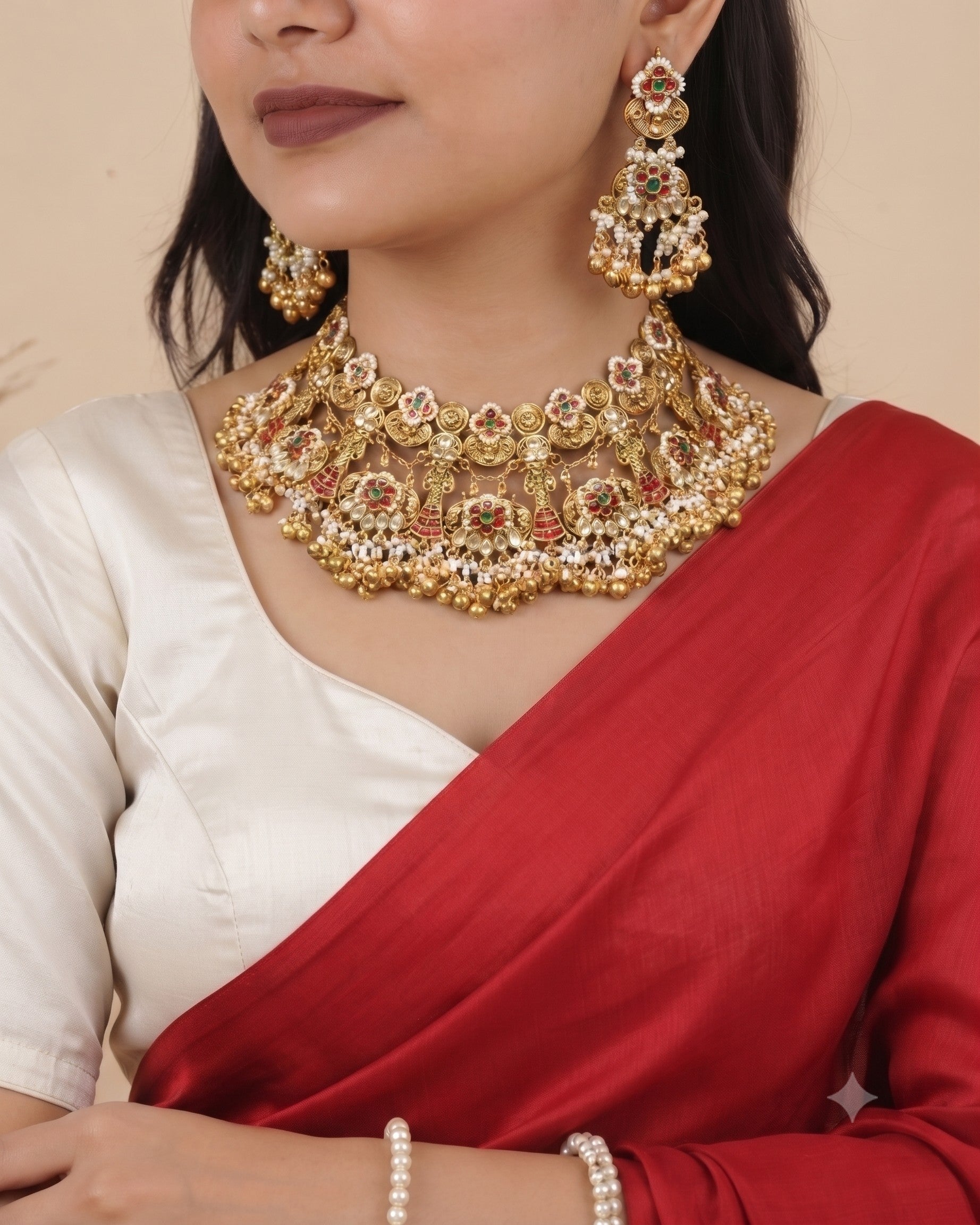 Gold Plated Green and Red Stone Studded Kundan Necklace Set