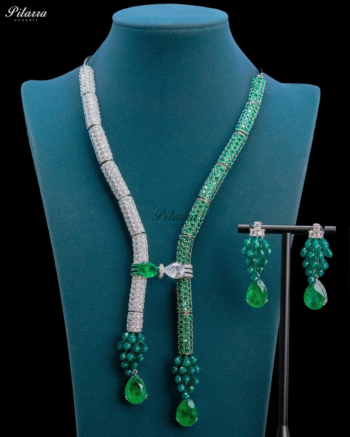 Green and Silver Crystal Tassel Lariat Necklace Set