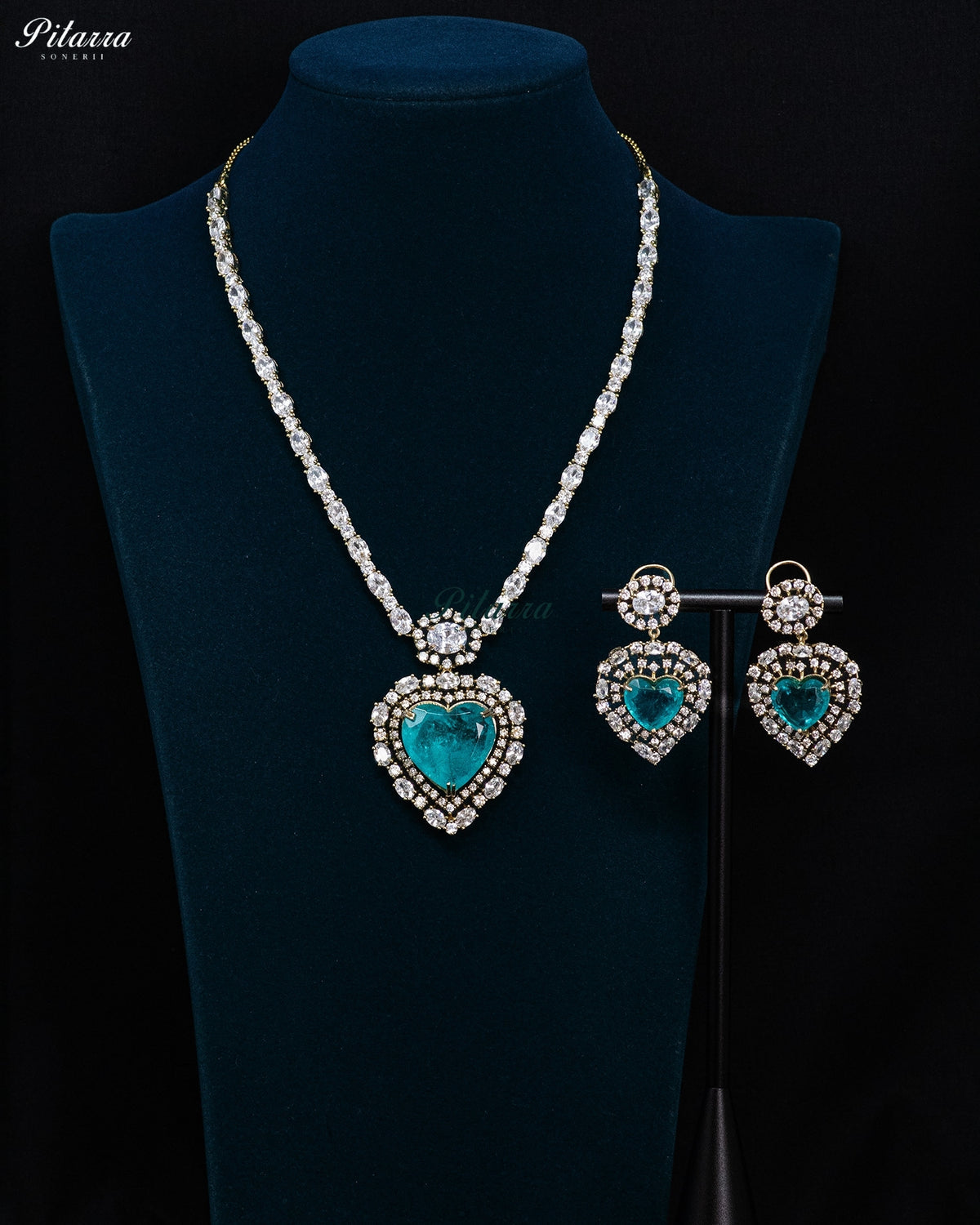 Aqua Blue Heart Kundan Long Necklace Set