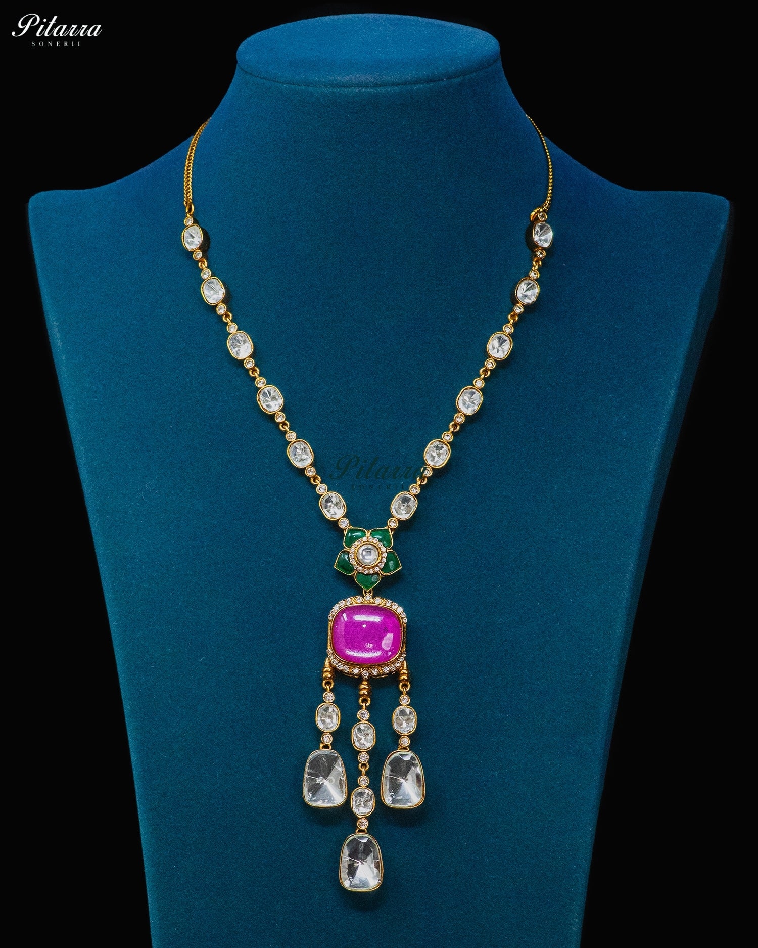 Emerald Pink Stone Drop Necklace Set