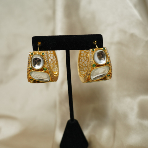 Gold-Plated Classic Kundan Hoop with Green Freck Earrings