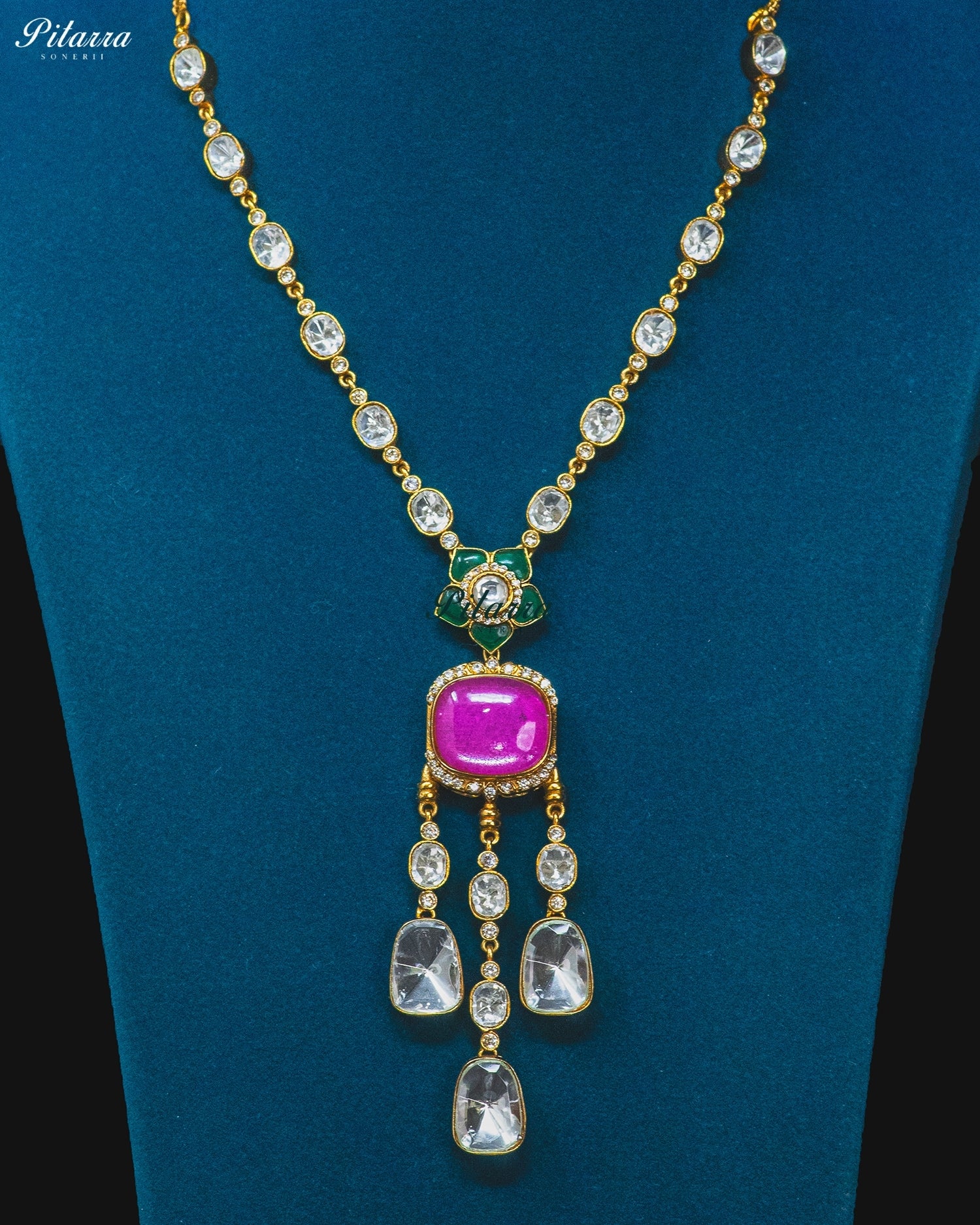 Emerald Pink Stone Drop Necklace Set