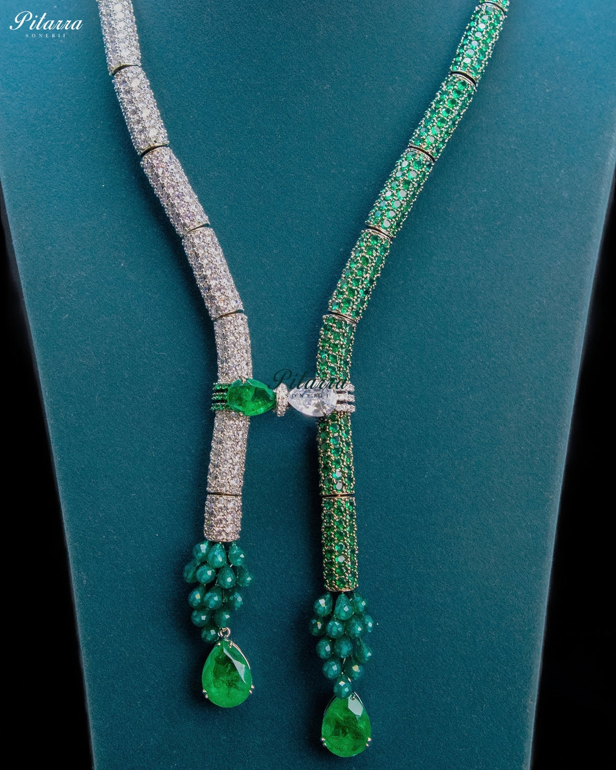 Green and Silver Crystal Tassel Lariat Necklace Set