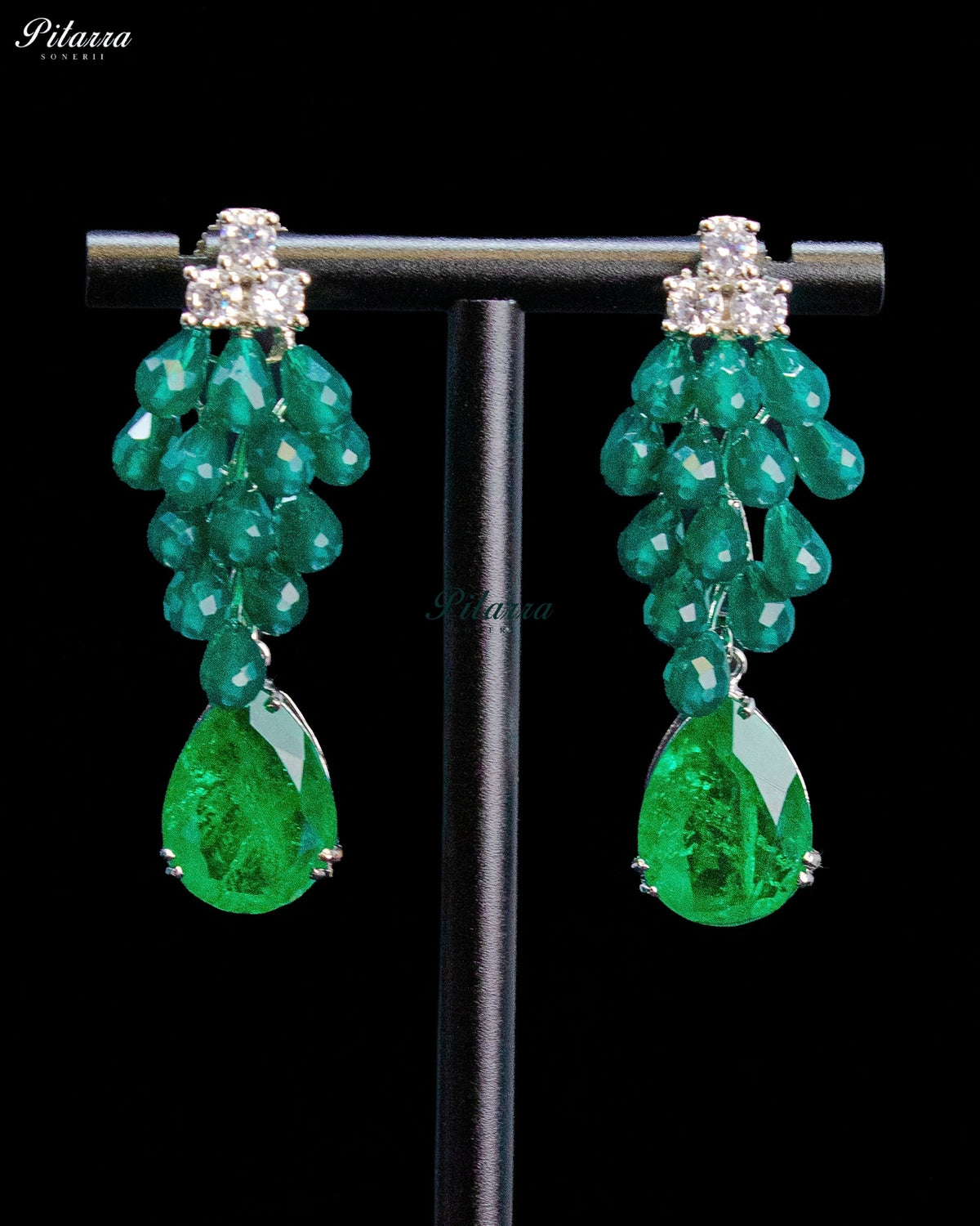 Green and Silver Crystal Tassel Lariat Necklace Set