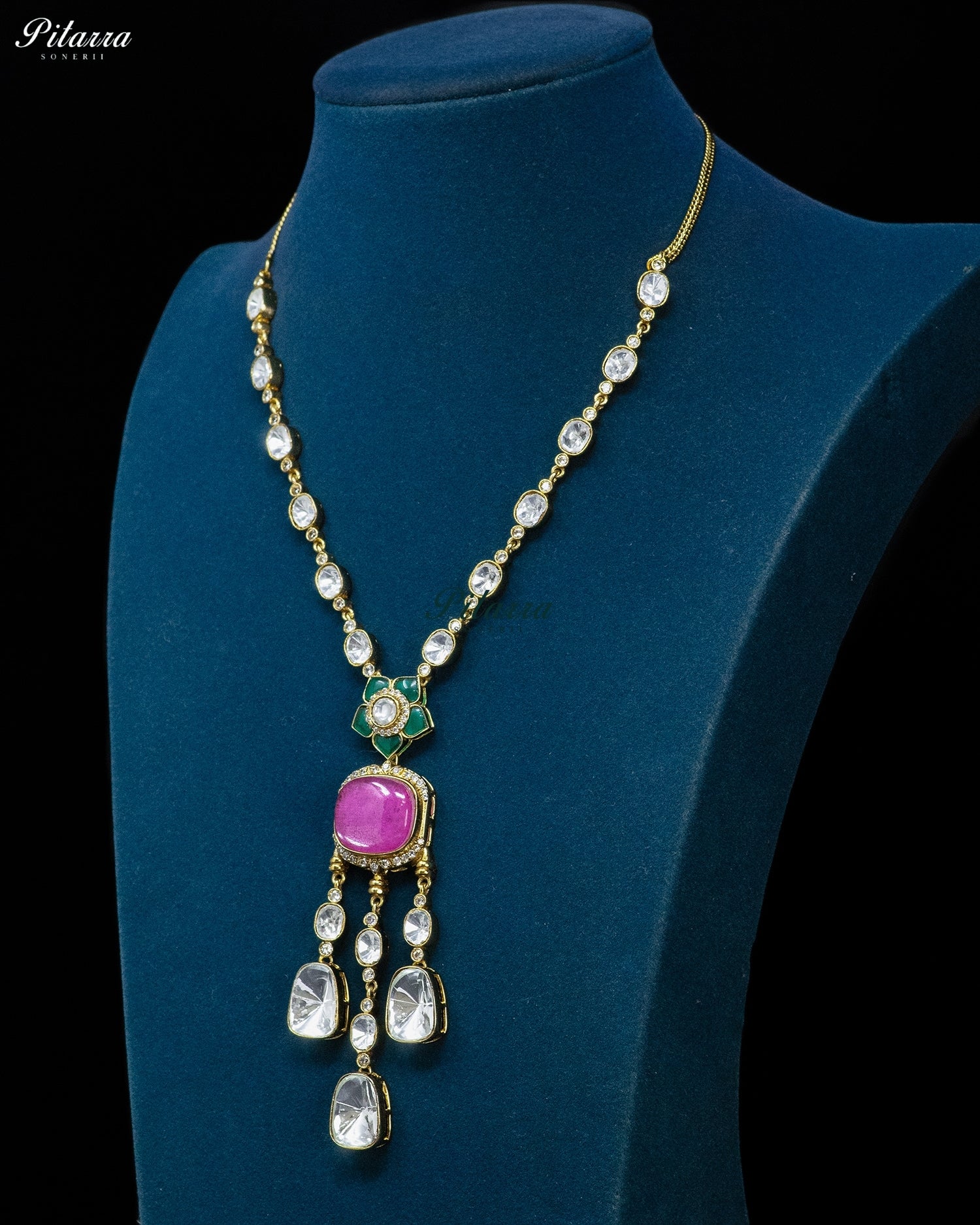 Emerald Pink Stone Drop Necklace Set