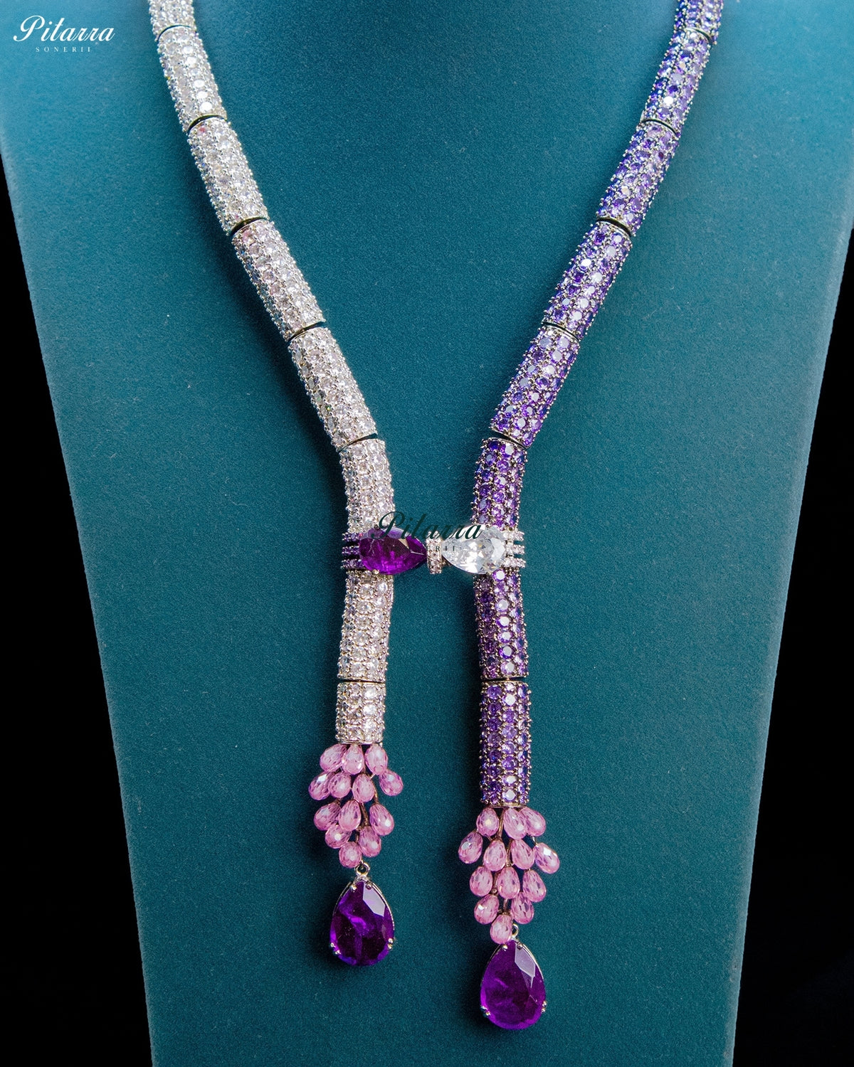 Purple and Pink Crystal Tassel Lariat Necklace Set