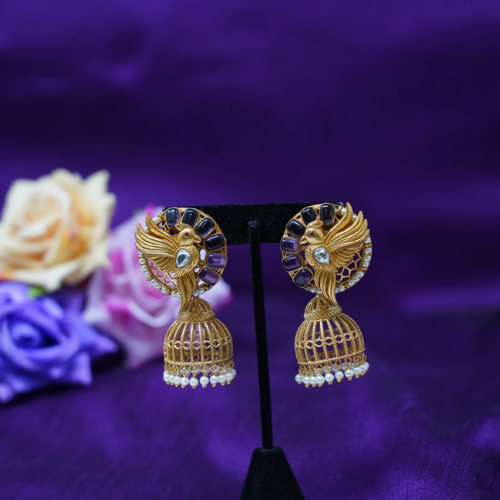 Golden Bird Jhumki with Pearls Earrings