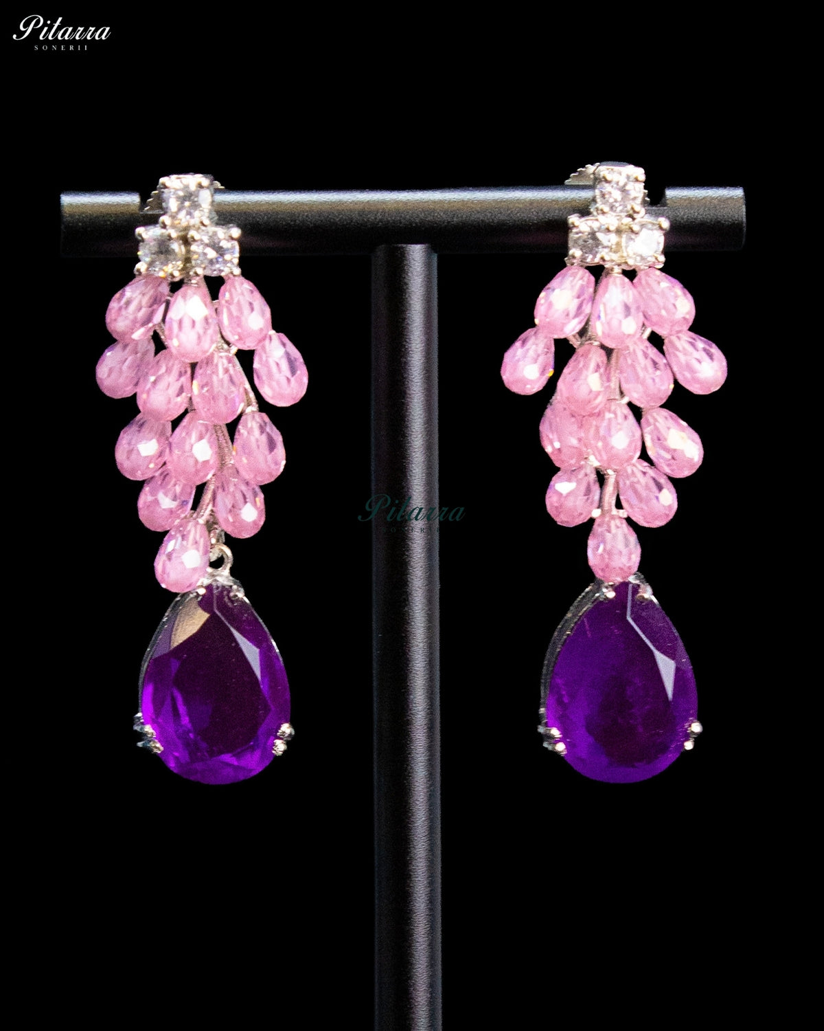 Purple and Pink Crystal Tassel Lariat Necklace Set