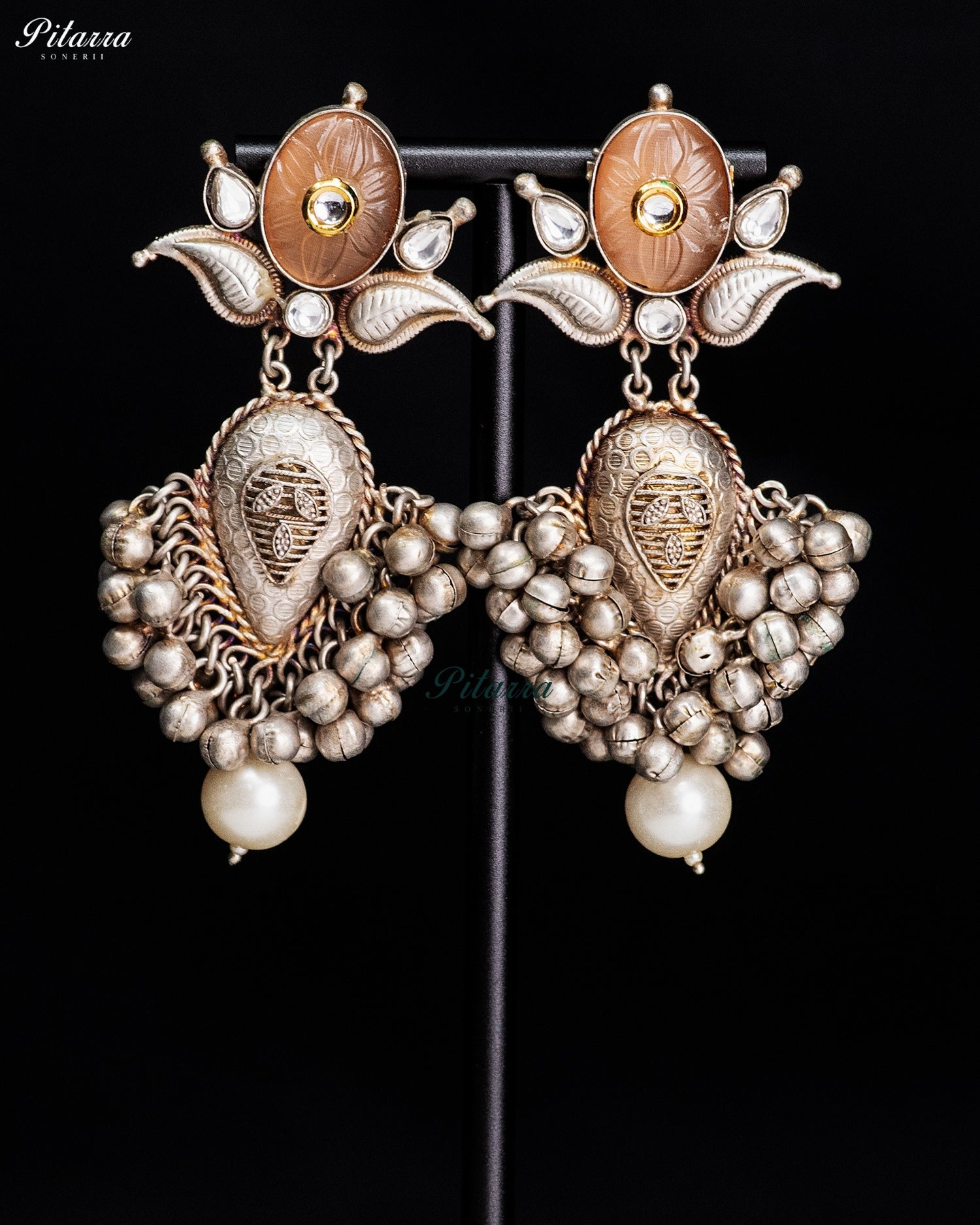 Carved Peach Stone Silver Look-Alike Ghungroo Earrings