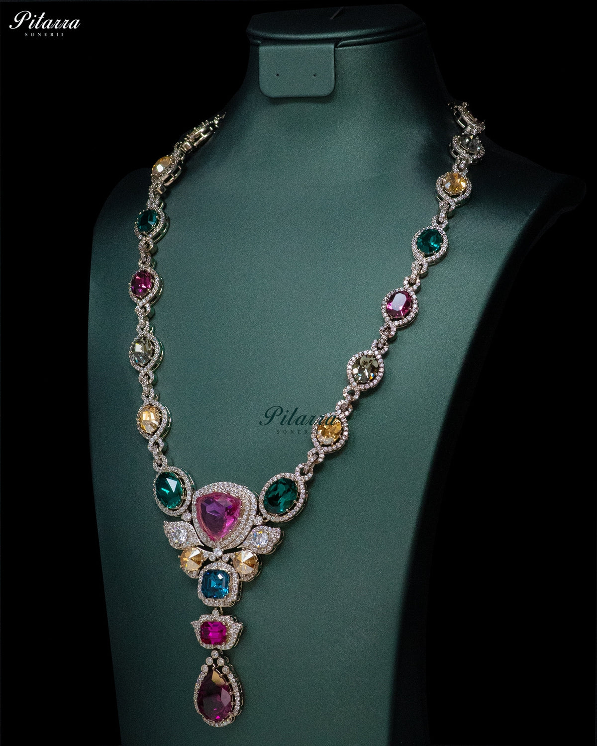 Ruby Pink Multicolor Crystal Pendant Necklace Set