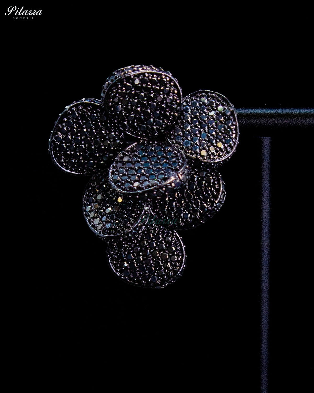 Midnight Black Crystal Floral Cluster Statement Stud Earrings
