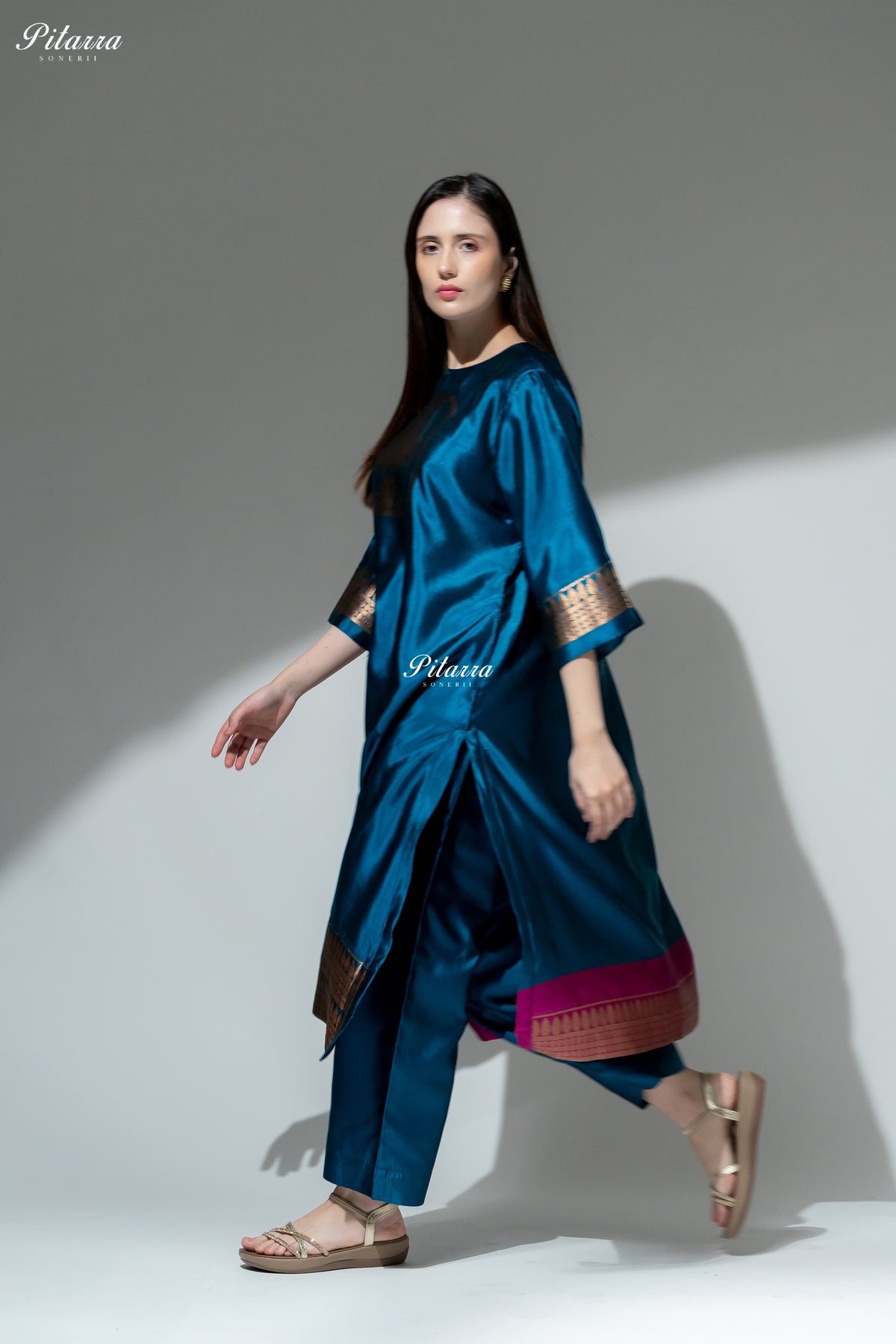 Royal Blue Gold Zari Floral Embroidered Kurta Palazzo Set