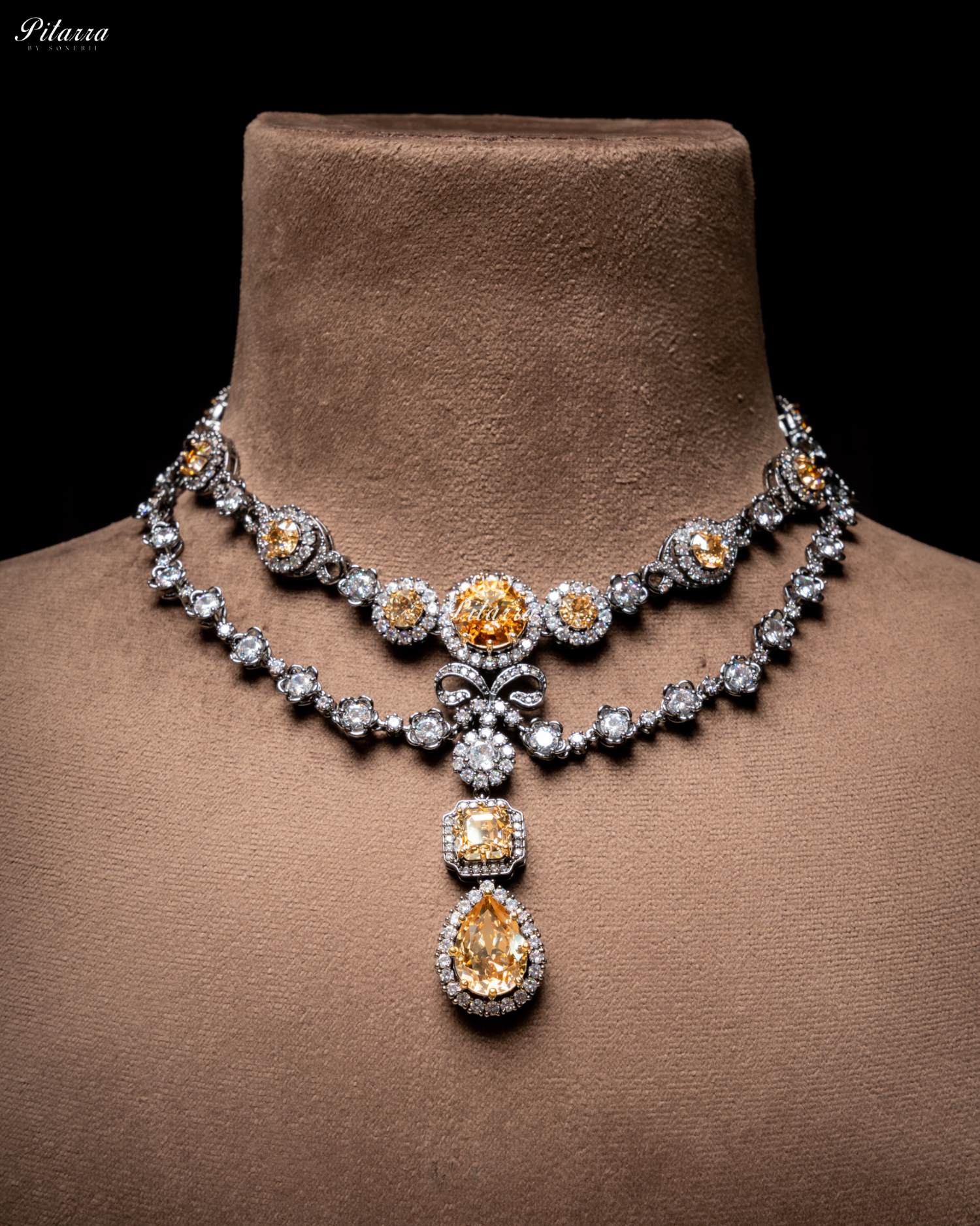 Yellow Two Layer Silver CZ Victorian Black polish Necklace Set
