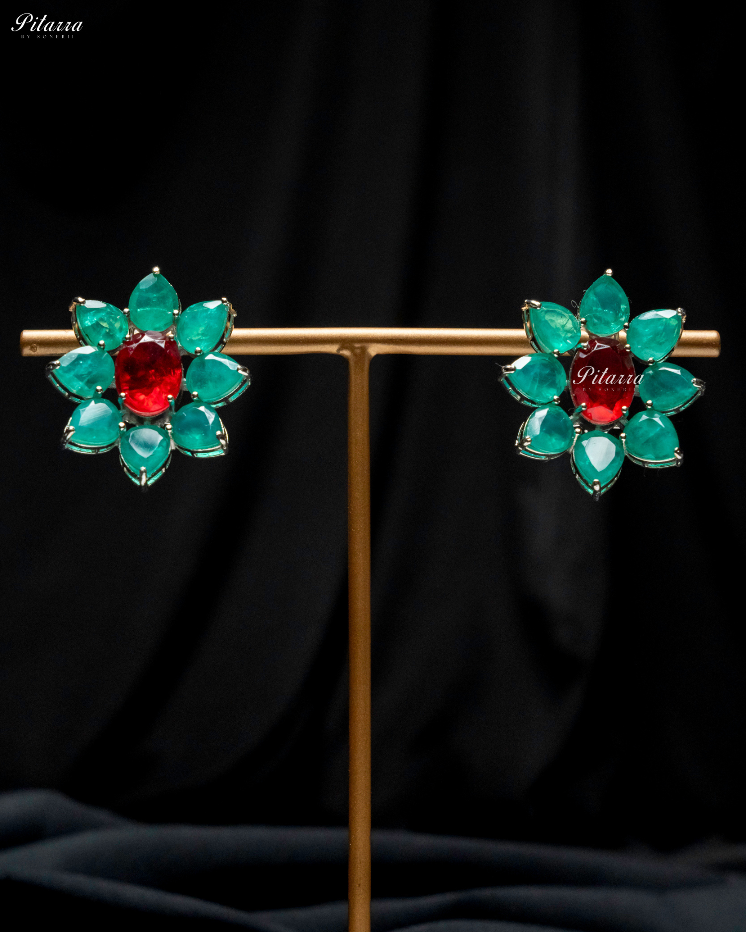Red Floral Green Petals CZ Crystal Stud Earrings