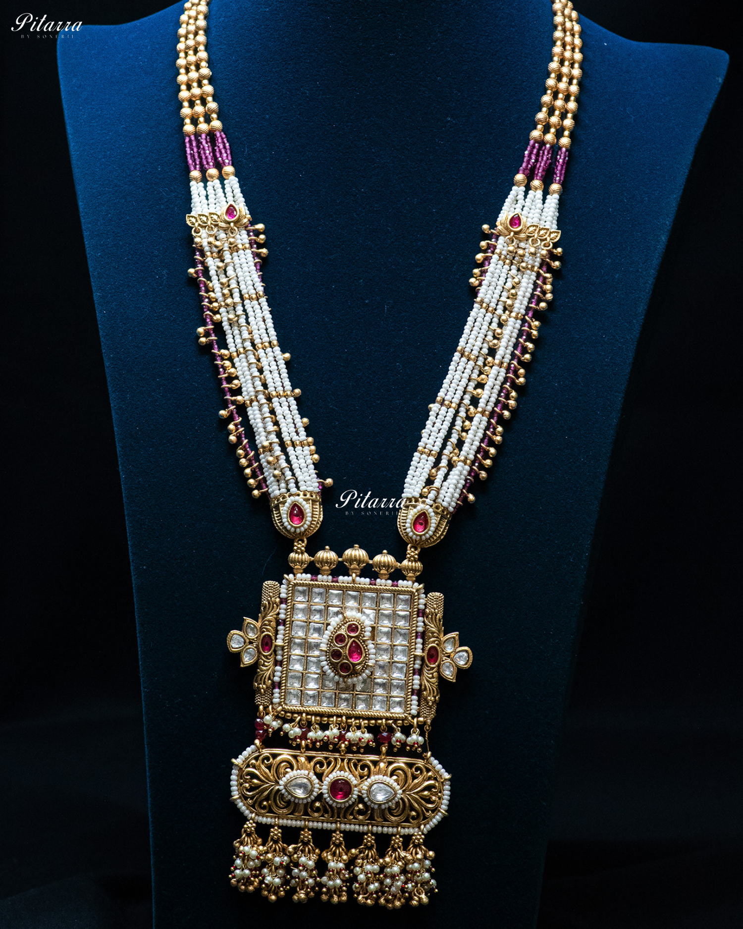 Golden Pink Stone Multi Strand Long Kundan Necklace Set