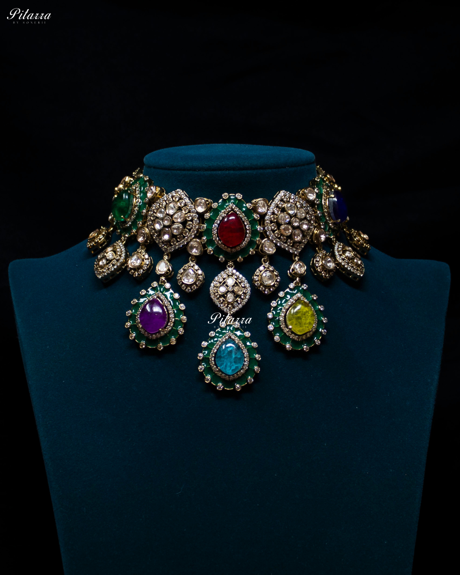 Multi Stone Handcrafted Emerald Finish Kundan Choker Set