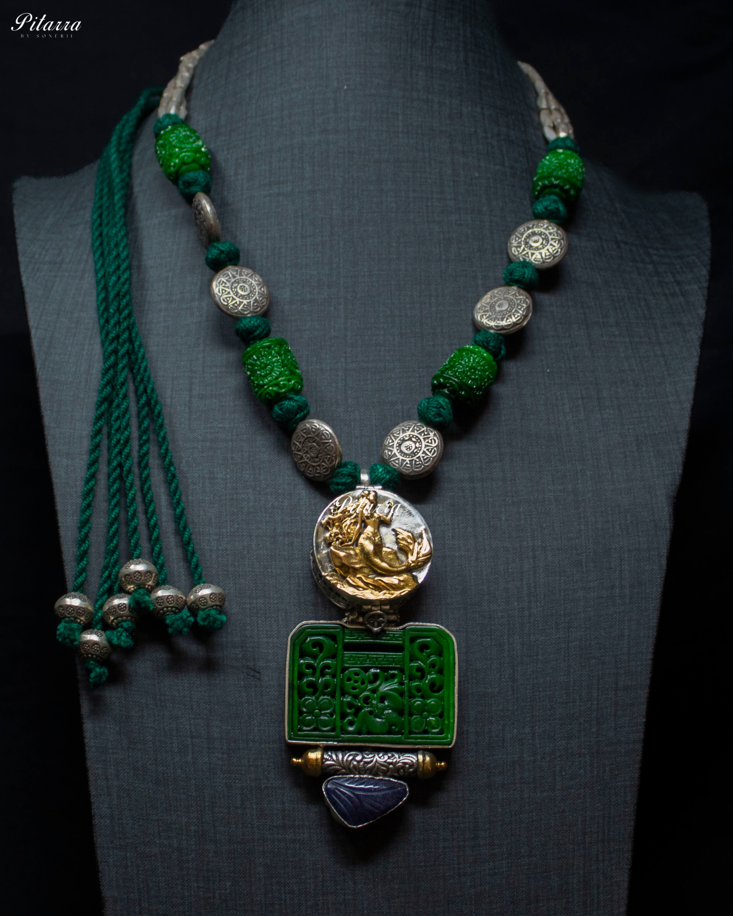 Gold Tone Figure Green Element 92.5 Silver Necklace