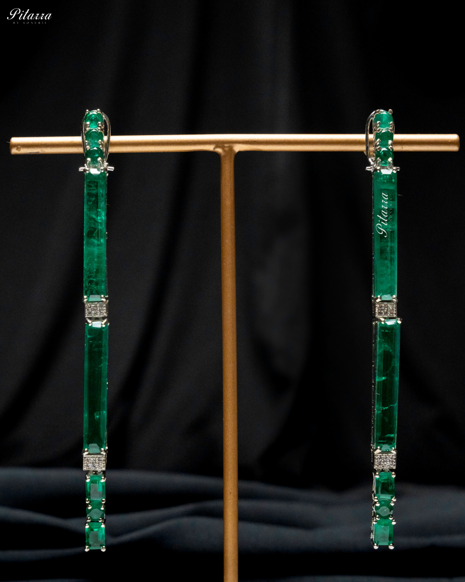 Emerald Stone Linear Long Doublet Drop Earrings