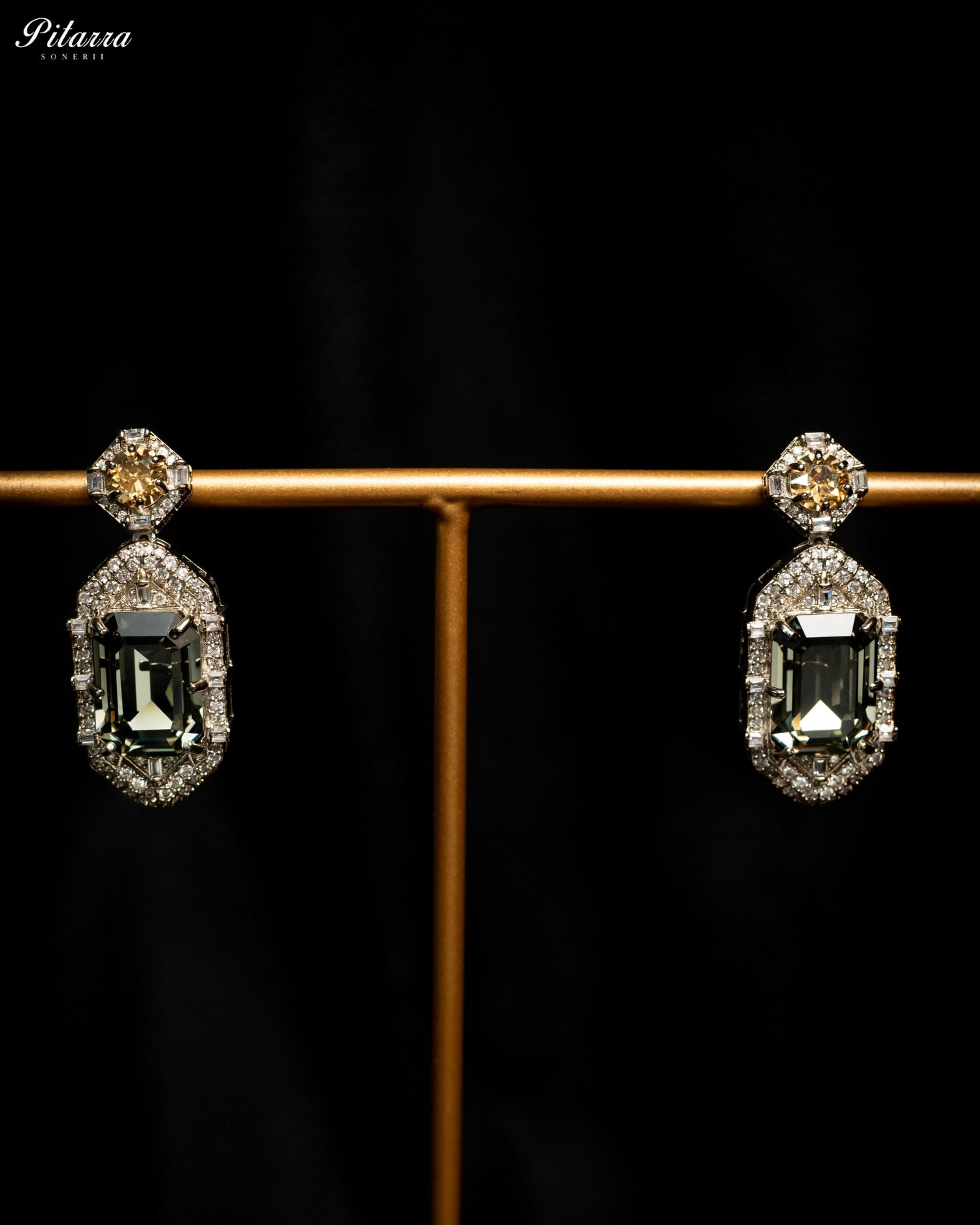 Smoky Green Emerald Cut Diamond Halo Drop Earrings