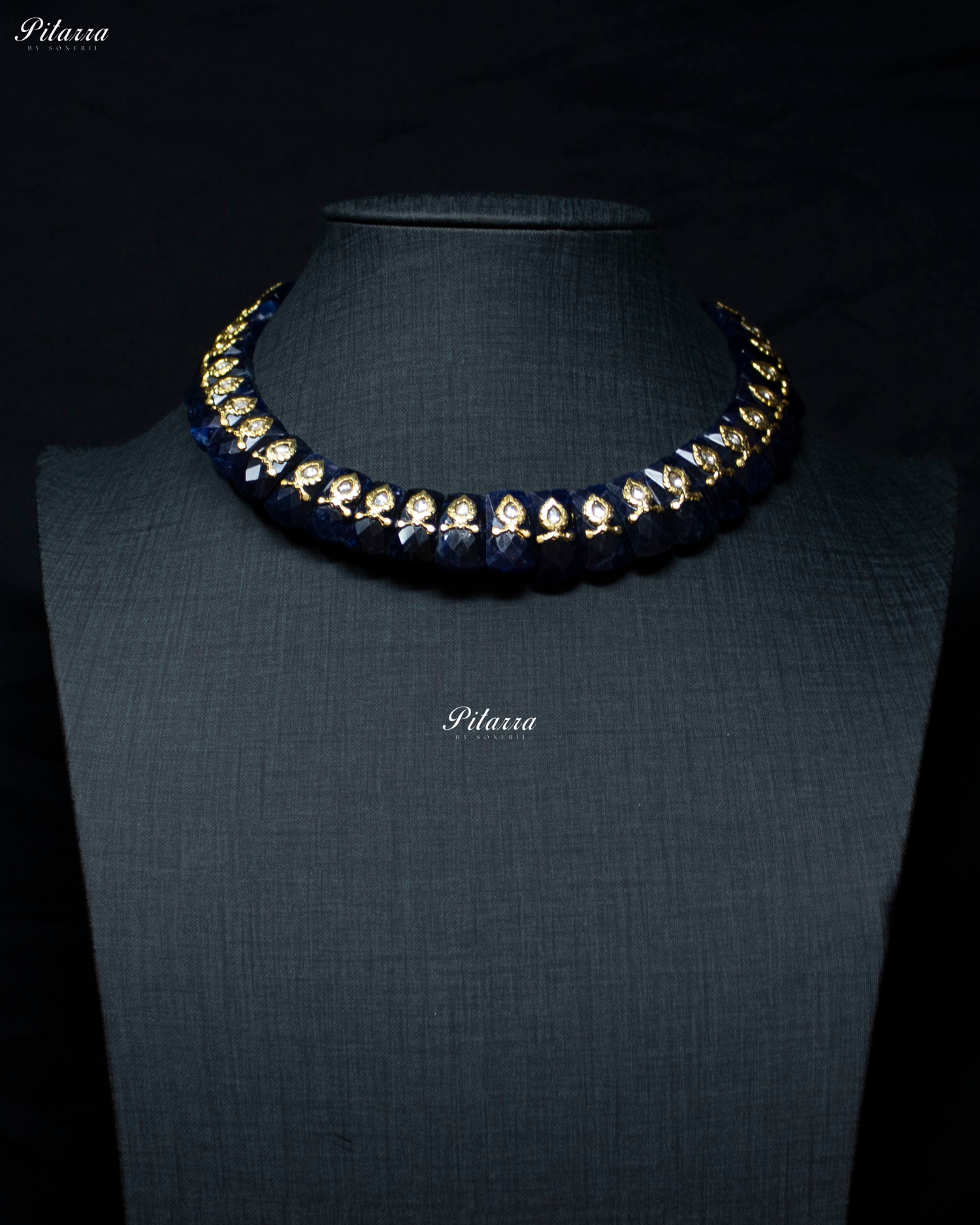 Victorian Blue Stone Golden Work 92.5 Silver Necklace