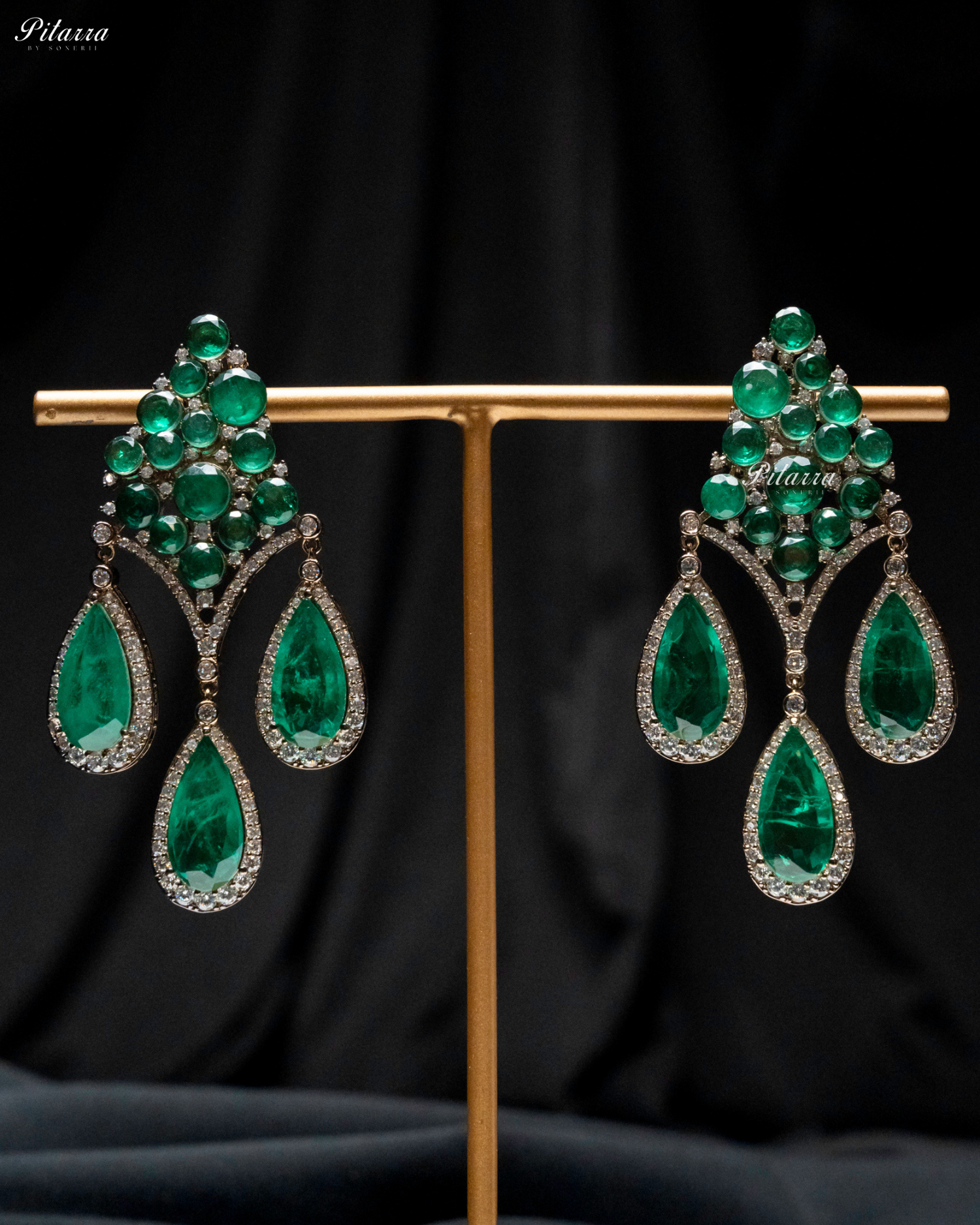 Emerald Stone Three Teardrop CZ Doublet Dangler Earrings