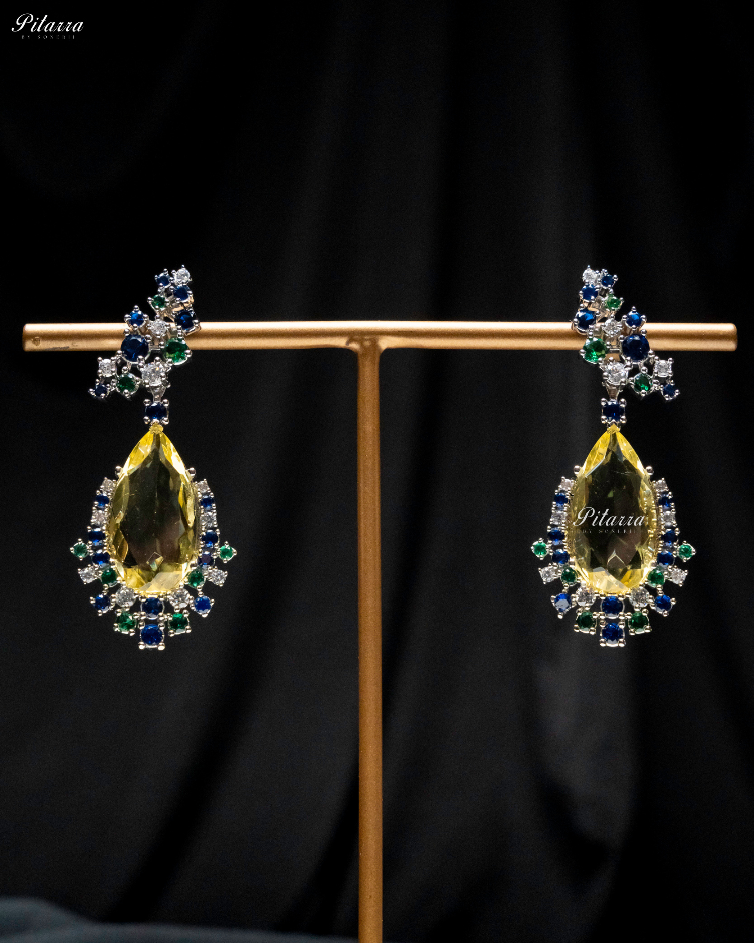 Yellow Stone Sparkling Sliver Line Crystal Earrings