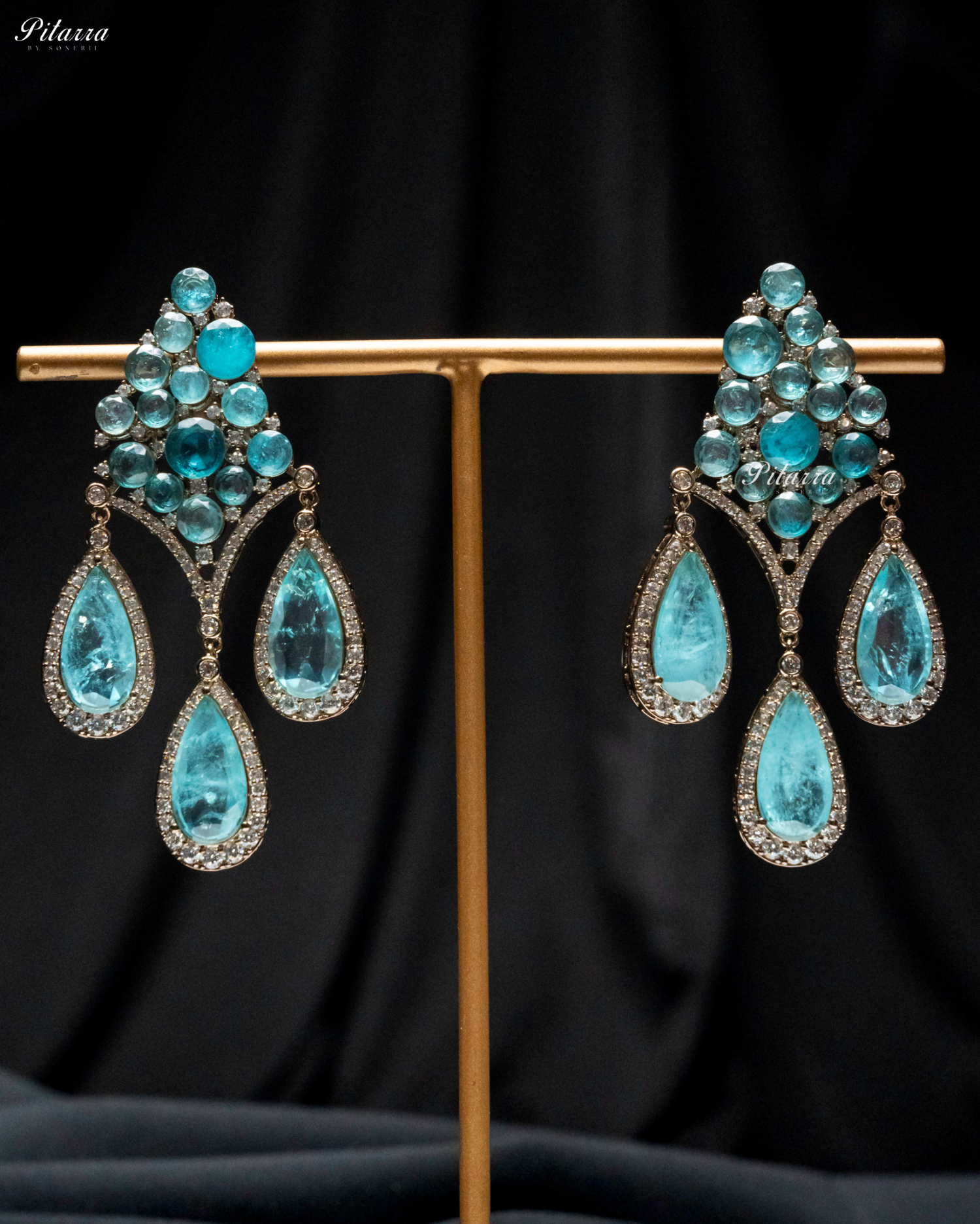 Turquoise Stone Three Teardrop CZ Doublet Dangler Earrings