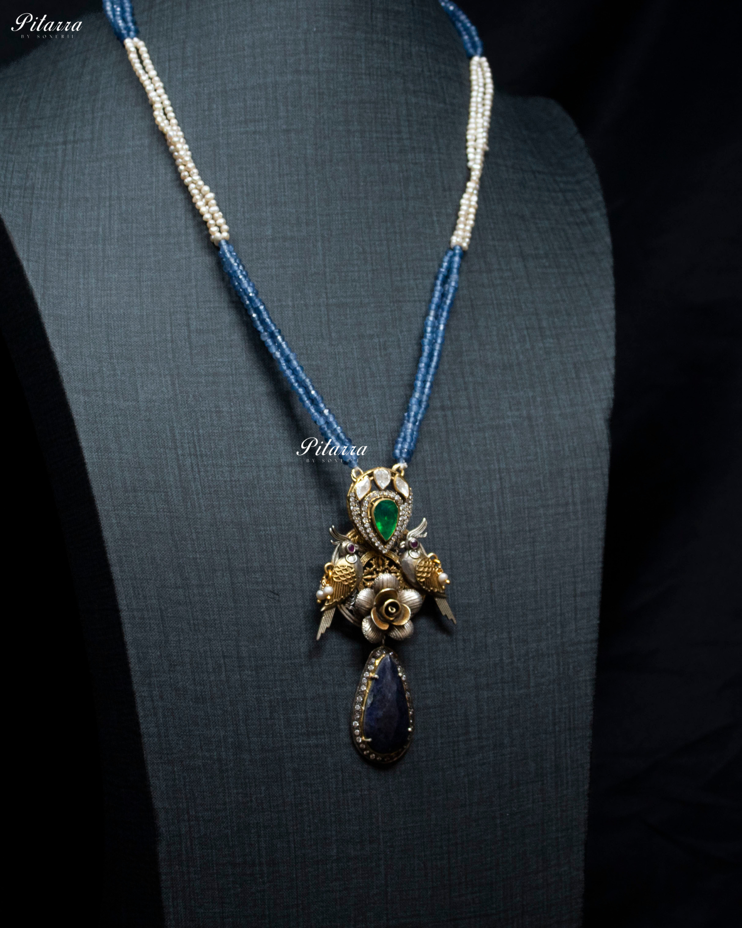 Silver Bird Motifs Blue Beads 92.5 Silver Necklace