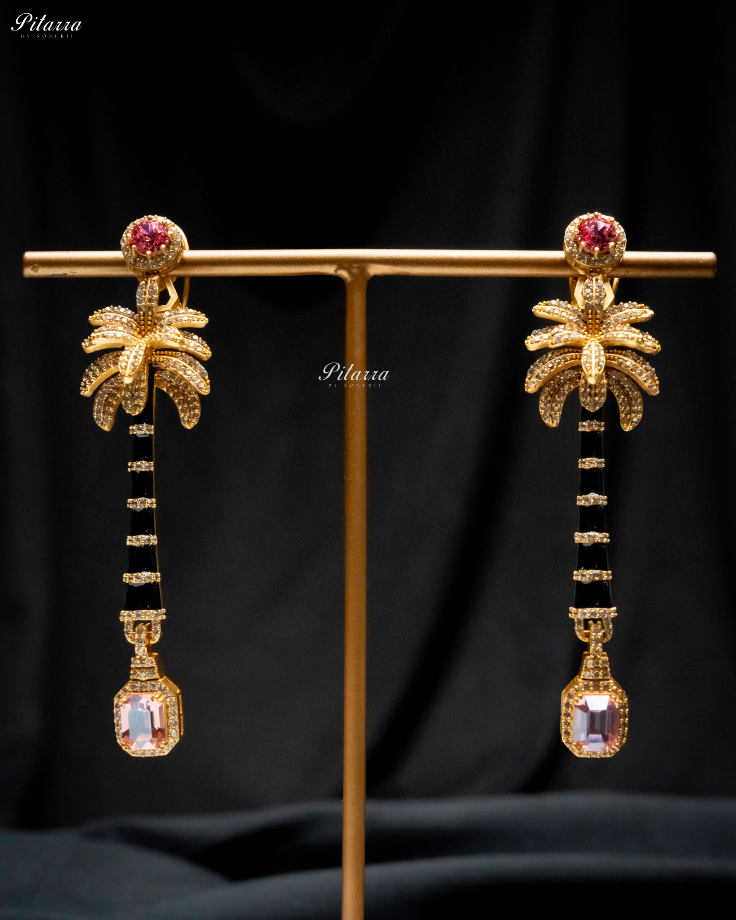 Pink and Baby Pink Stone Palm Tree Crystal Earrings