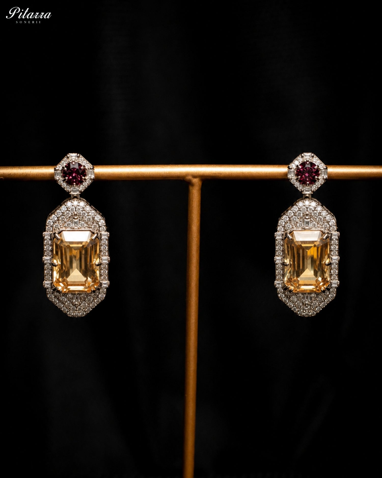 Yellow Emerald Cut Diamond Halo Statement Drop Earrings