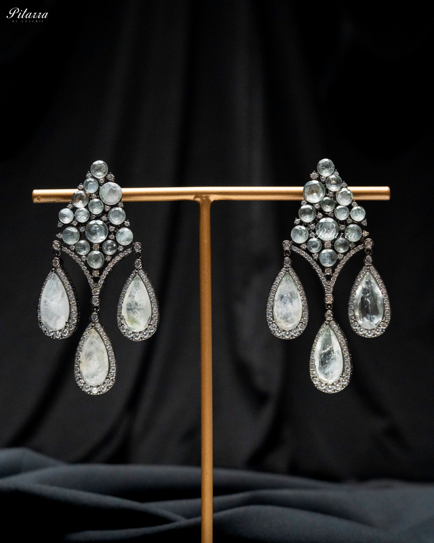 White Stone Three Teardrop CZ Doublet Dangler Earrings
