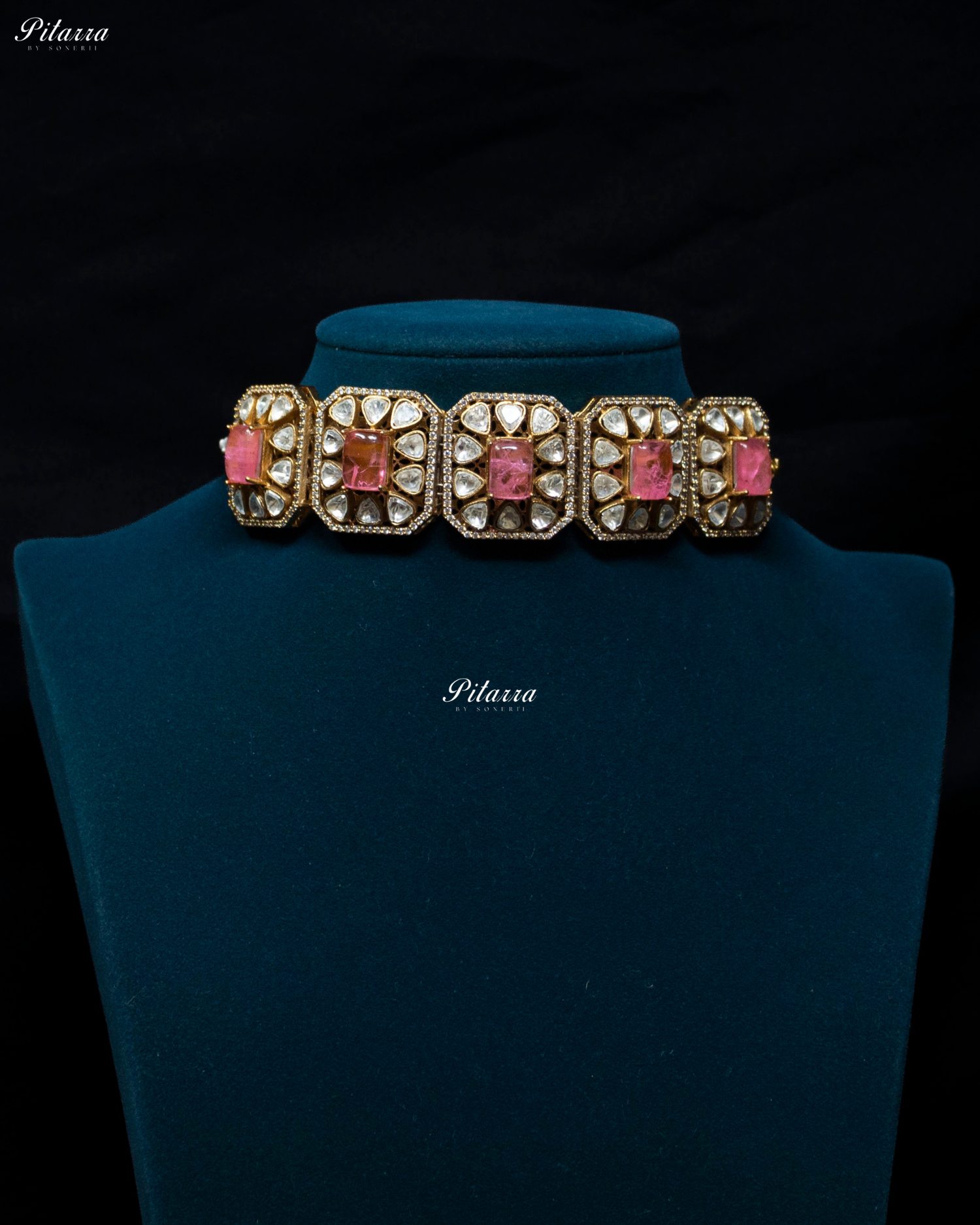 Pink Square Stone Polki Kundan Choker Set