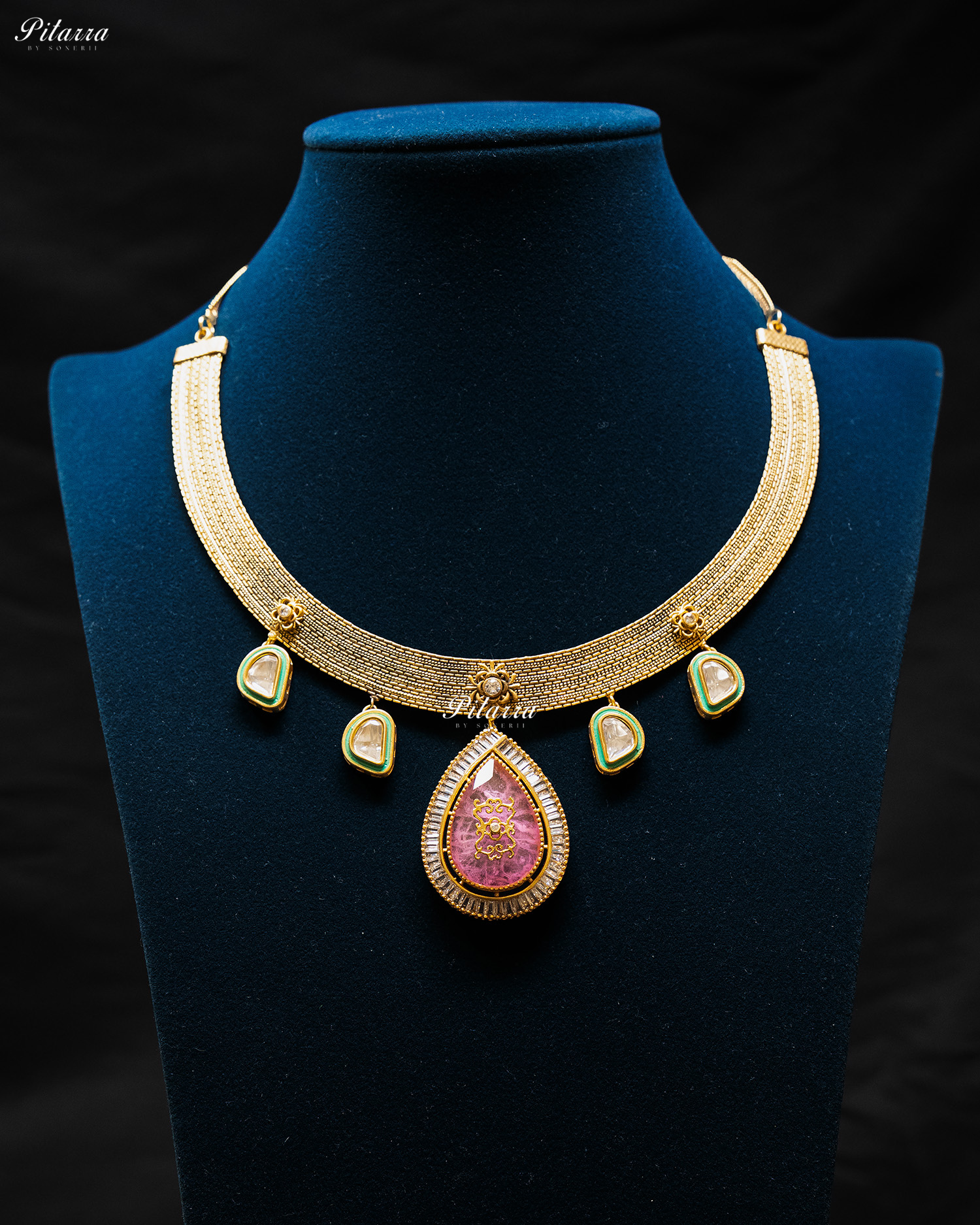 Big Pink Teardrop Gold Plated Kundan Necklace Set