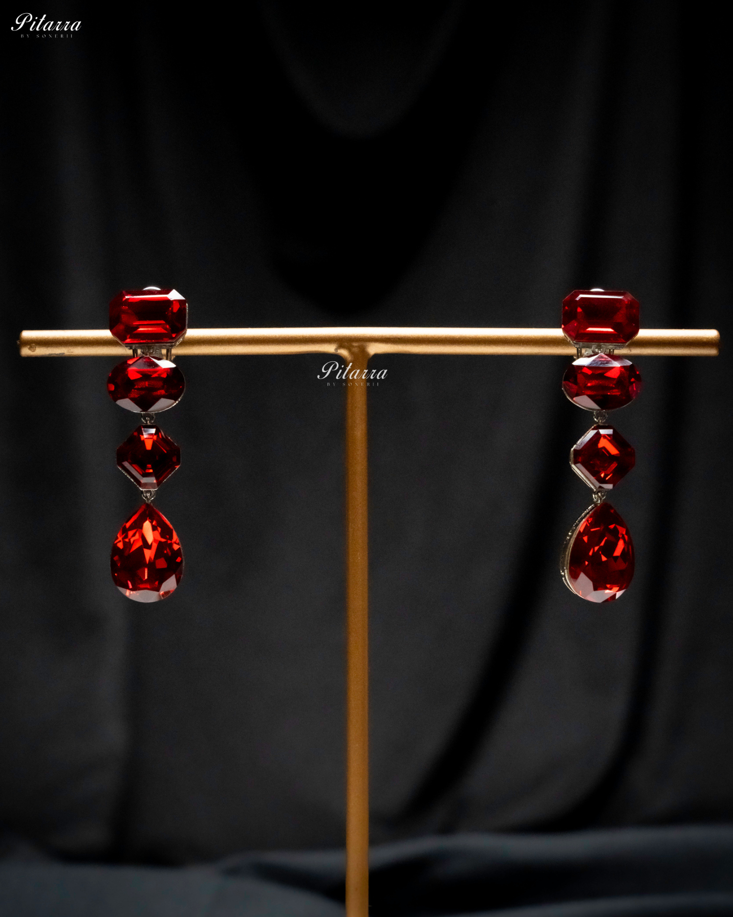 Red Stone Studded Geometric Crystal Drop Earrings