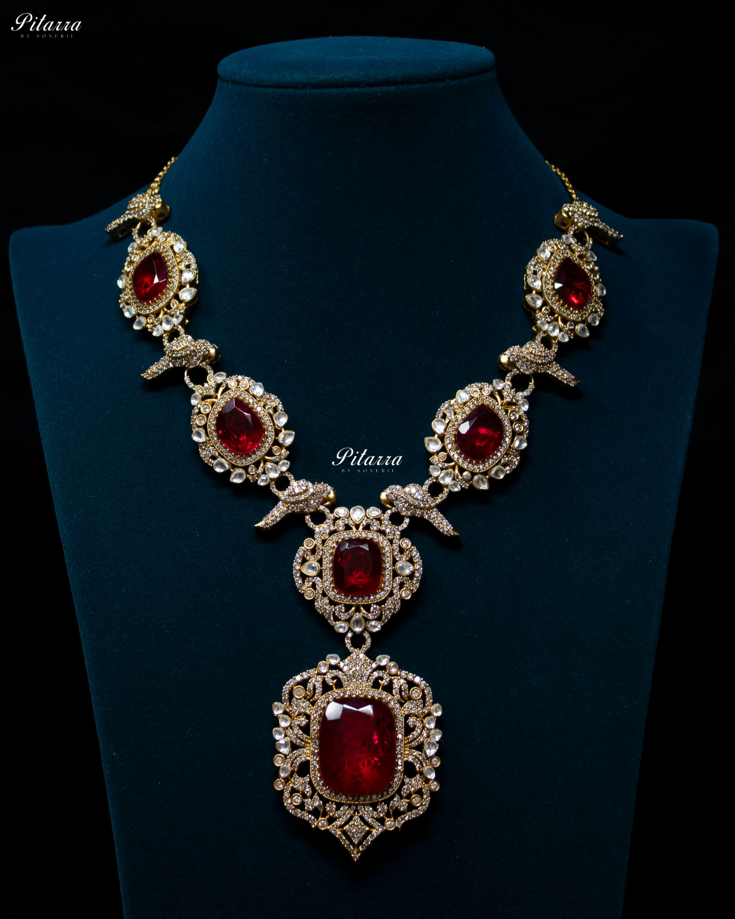 Red Stone Bird Victorian Polki Necklace Set