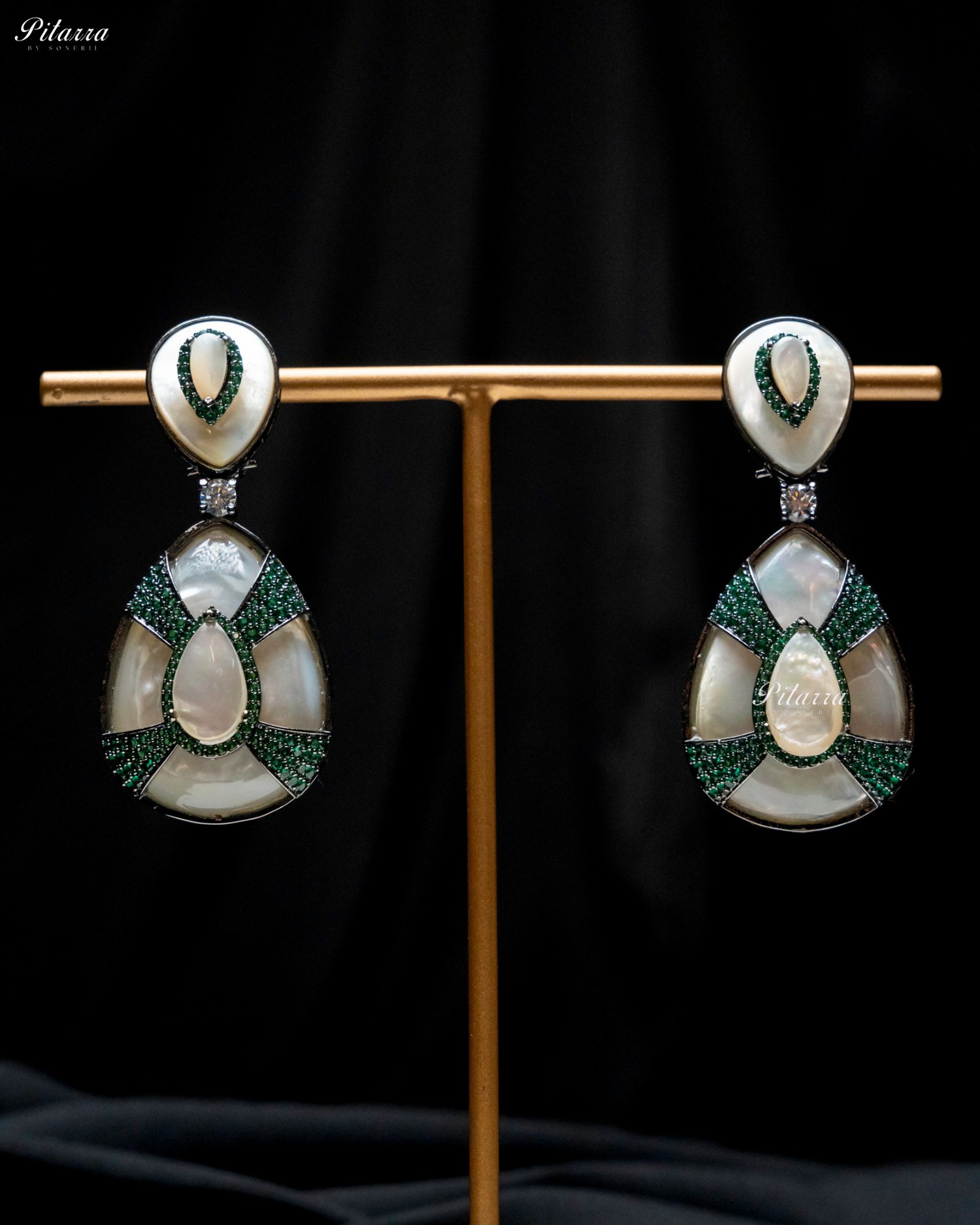 White Stone White Drop Emerald Line Crystal Dangler Earrings