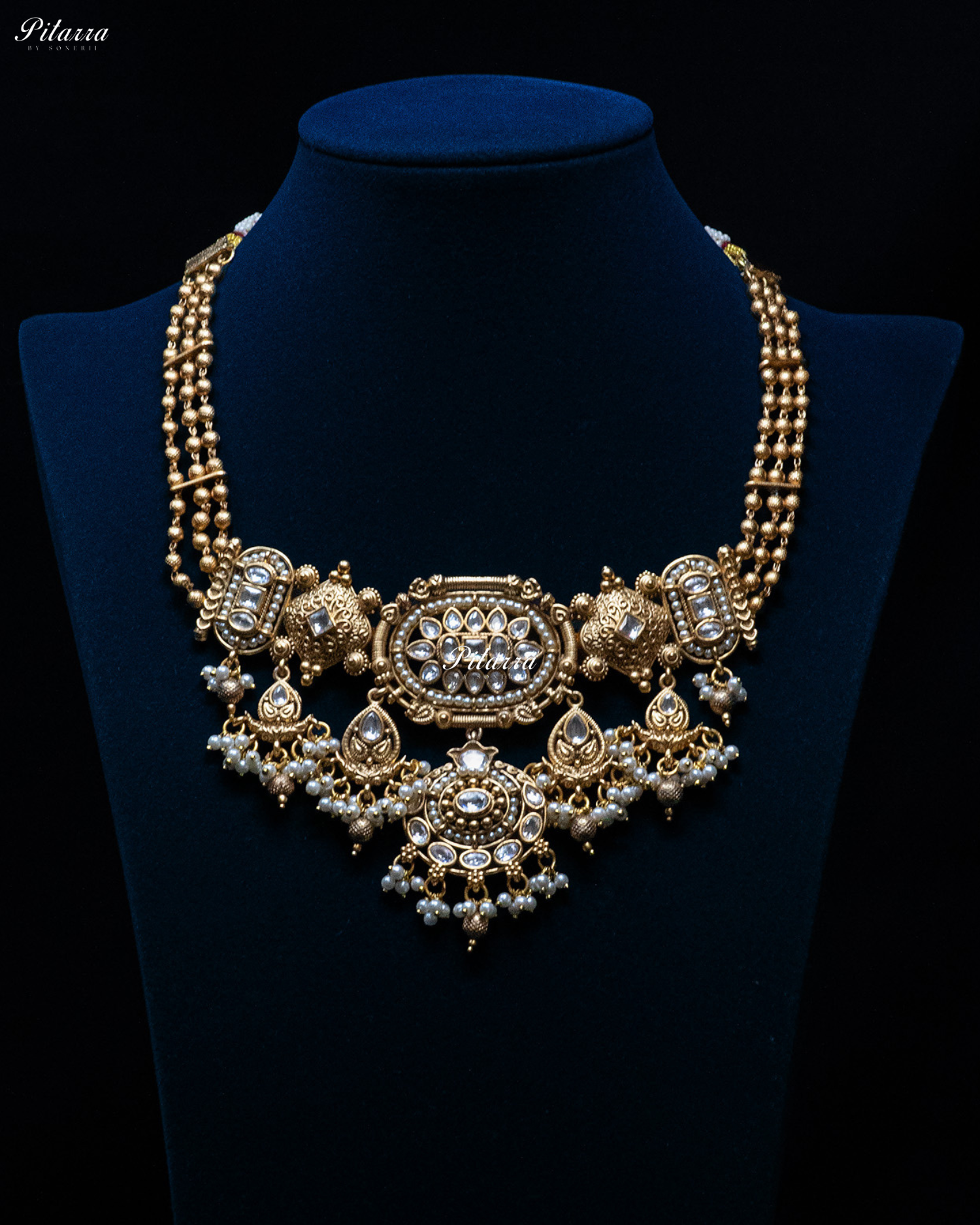 White Stone Gold Finish Two Layer Kundan Necklace Set