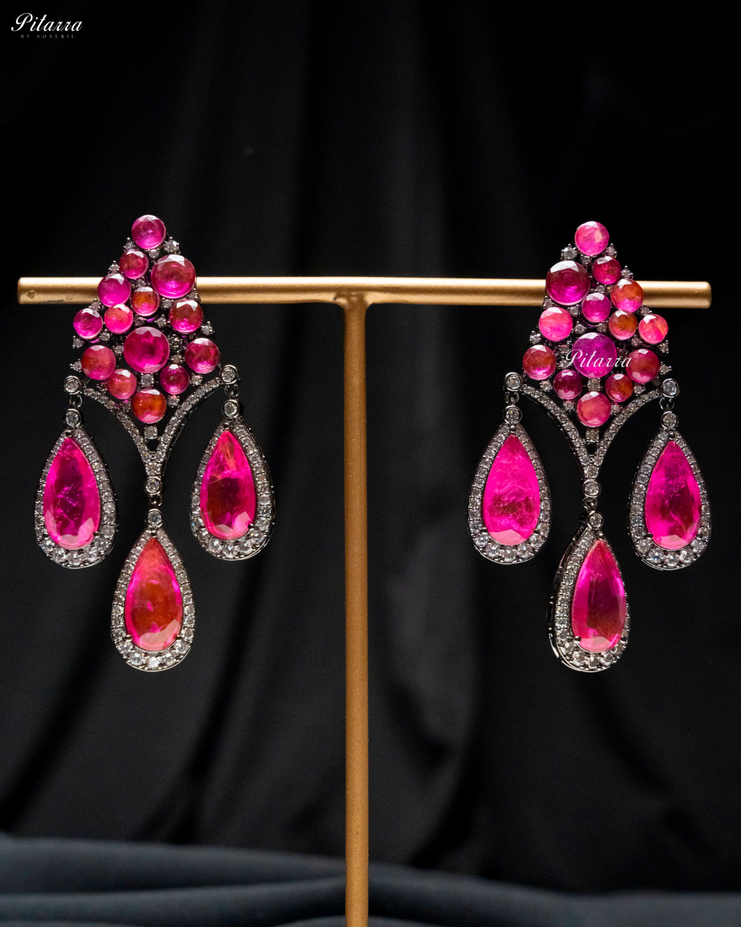 Pink Stone Three Teardrop CZ Crystal Dangler Earrings