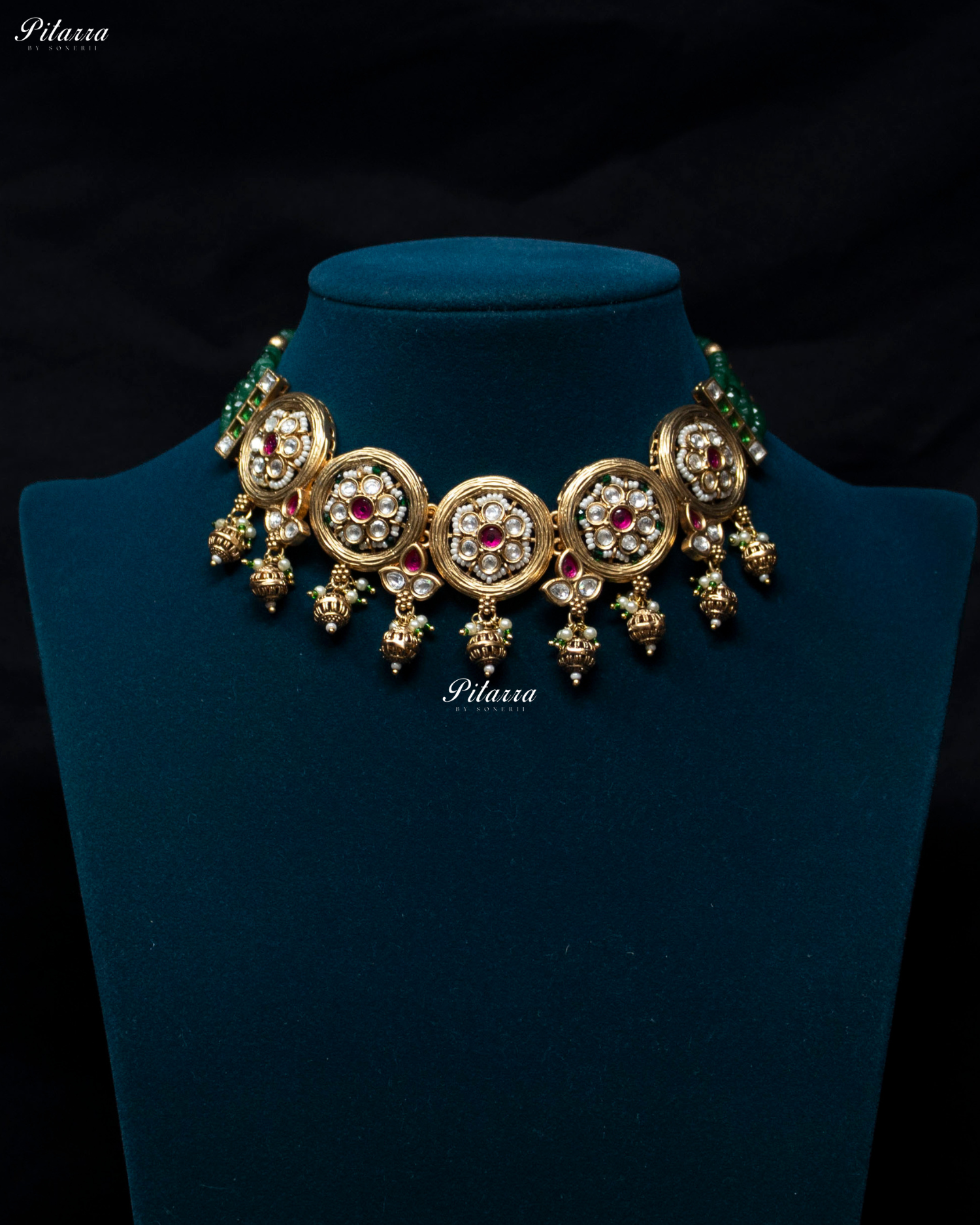 Floral Pink Stone Green Pearl Kundan Choker Set