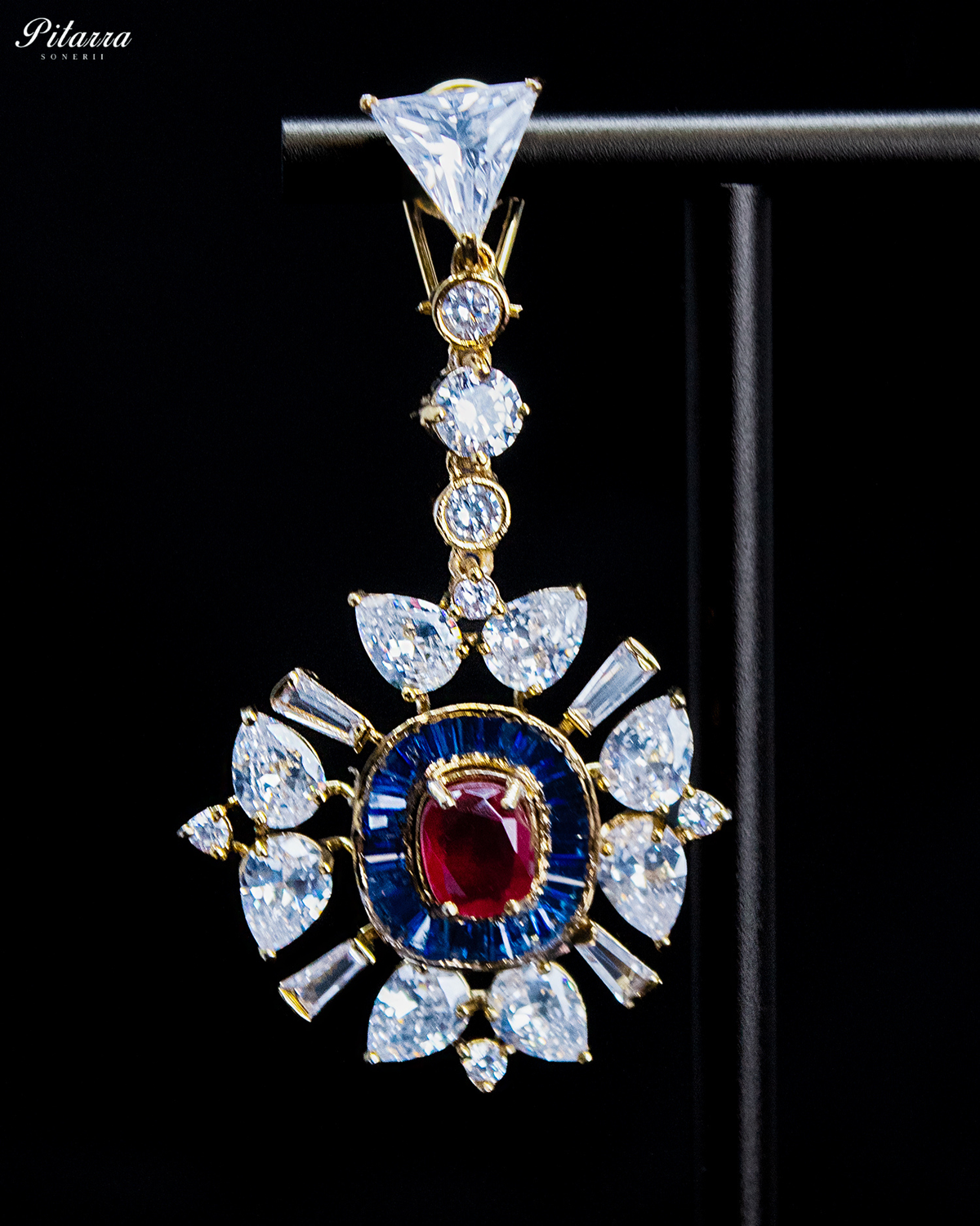 Ruby Red and Blue Kundan Floral Drop Earrings