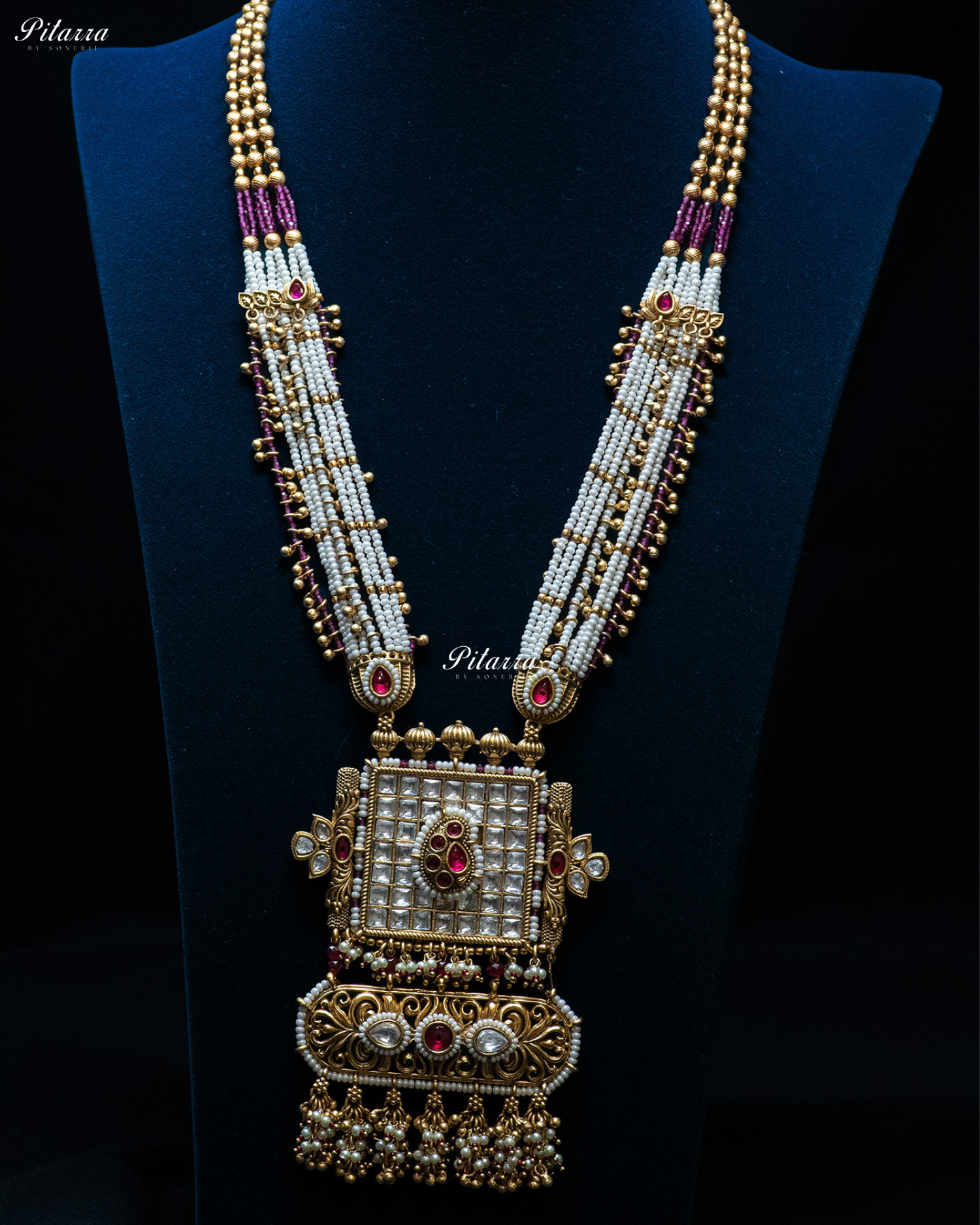 Golden Pink Stone Multi Strand Long Kundan Necklace Set
