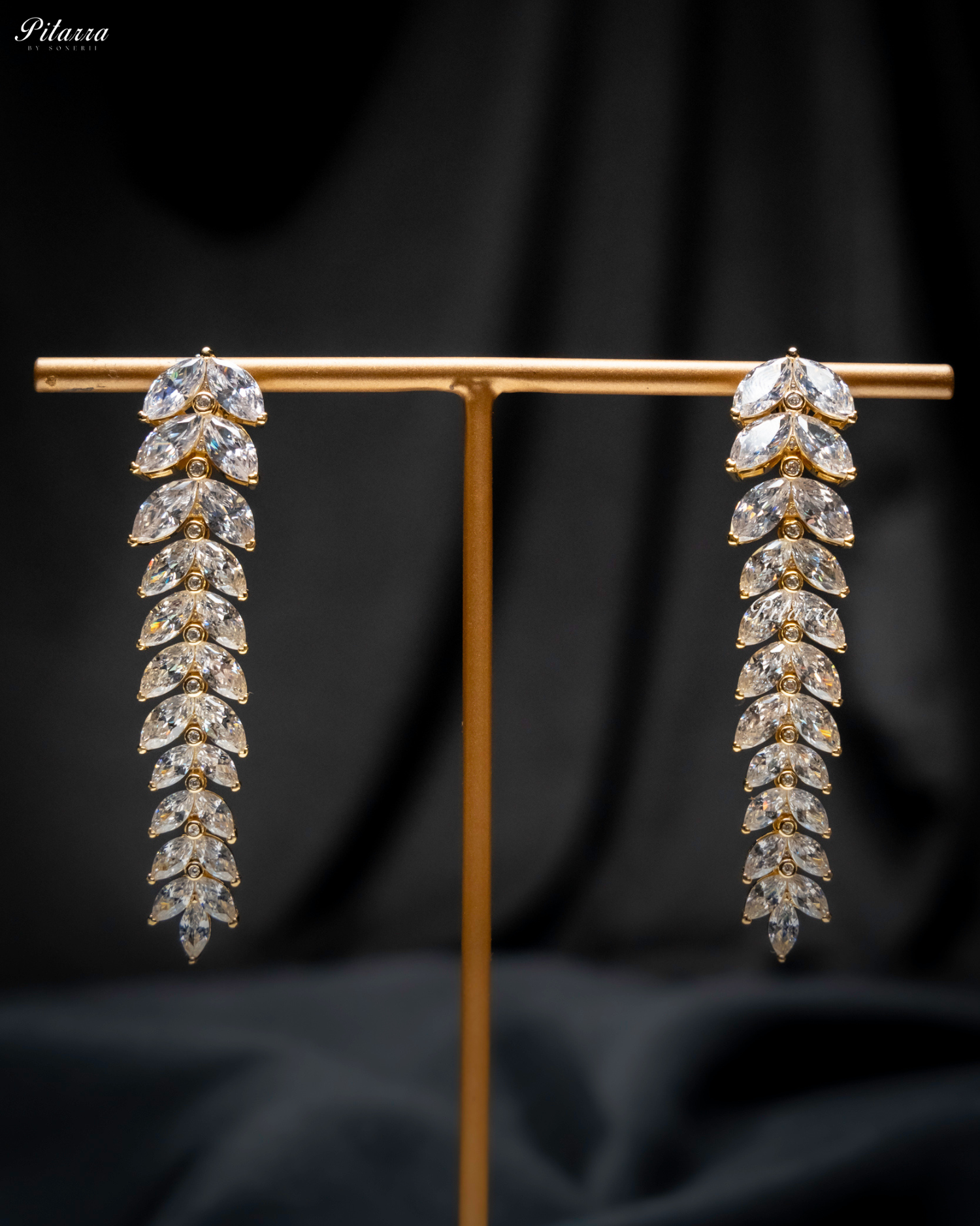White Crystal Leaf Pattern Golden 92.5 Silver Drop Earrings