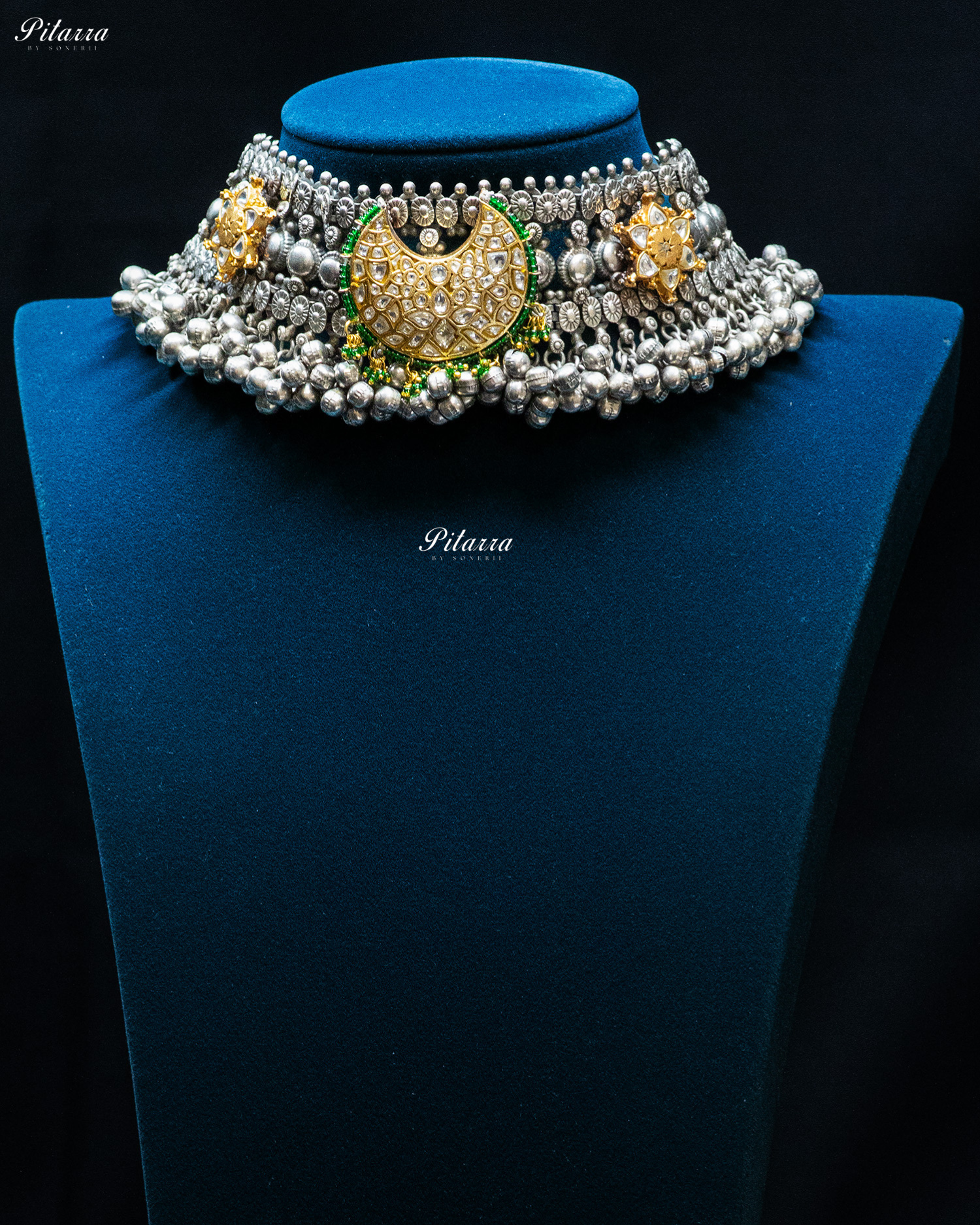 Golden Flora Green Moon Ghunghroo Silver Look Alike Choker Set