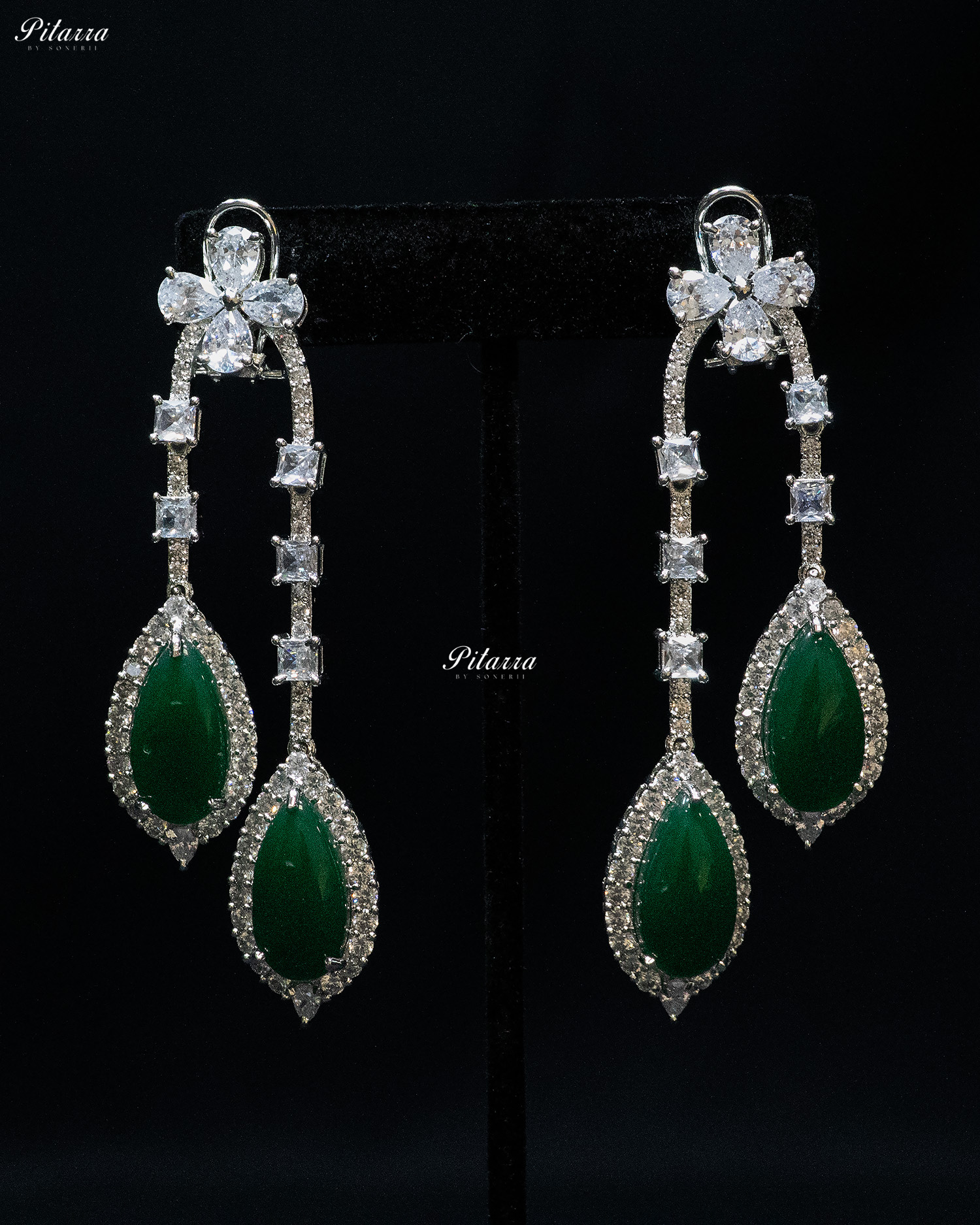 Pitarra Green and Silver Finish Dangler Earrings