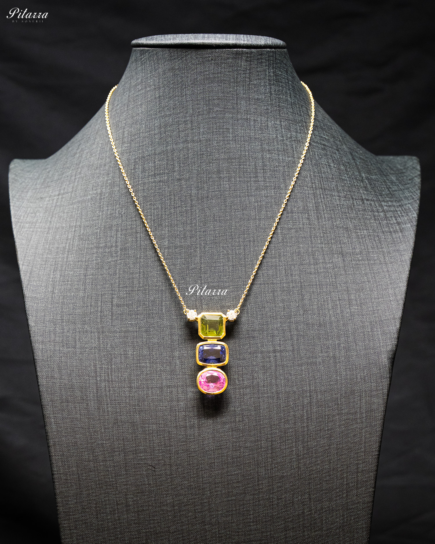 Gold Chain Square Green Top Stone Round Pink Pendent Set